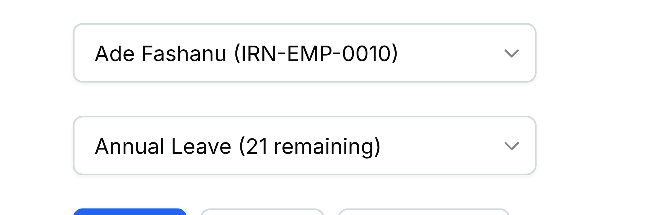 The top of the admin Apply Leave form. An Employee dropdown shows Ade Fashanu with the reference IRN-EMP-0010 in brackets, above a Leave Type dropdown reading Annual Leave (21 remaining).