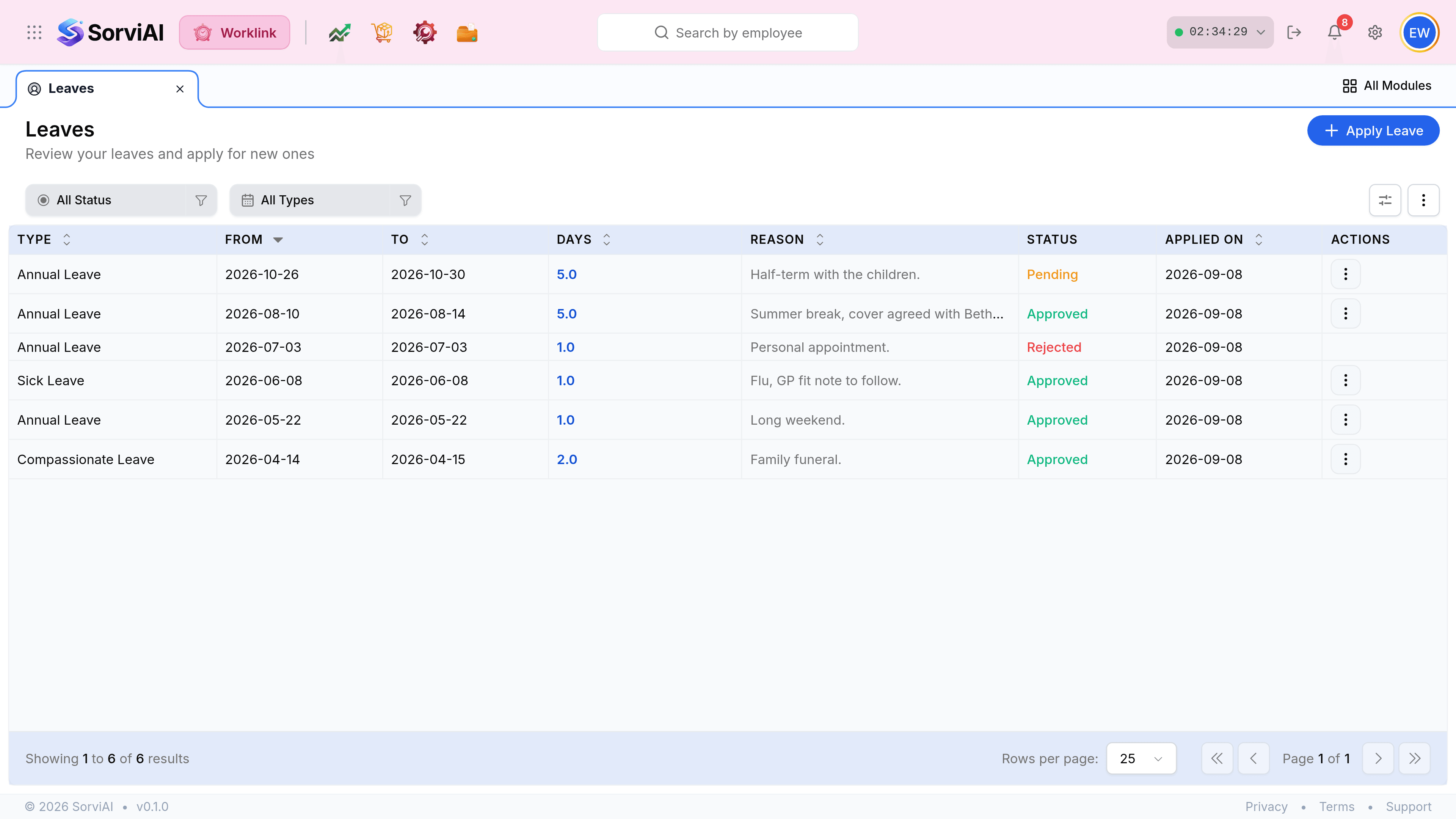 The Leaves screen, headed Leaves above the line Review your leaves and apply for new ones, with a blue Apply Leave button at the top right. Filter chips read All Status and All Types. The table has columns Type, From, To, Days, Reason, Status, Applied On and Actions, holding requests marked Pending, Approved and Rejected.