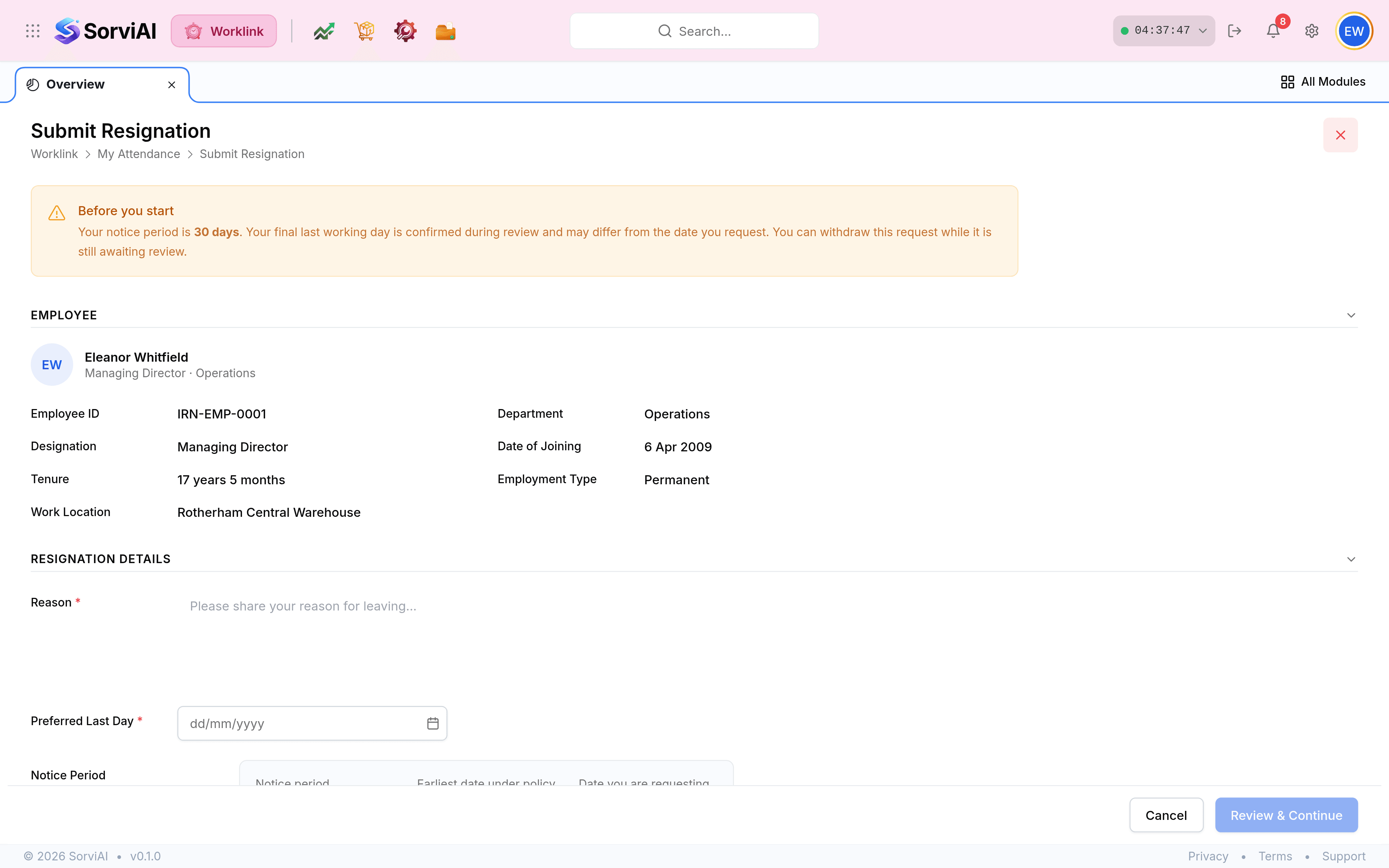 The Submit Resignation screen, with the breadcrumb Worklink, My Attendance, Submit Resignation. An amber Before you start panel reads Your notice period is 30 days, your final last working day is confirmed during review and may differ from the date you request, and you can withdraw this request while it is still awaiting review. An Employee section shows the person's name, employee ID, designation, department, tenure, date of joining, employment type and work location, all read-only. A Resignation Details section follows with a required Reason box, a required Preferred Last Day date field and a Notice Period comparison. Cancel and Review and Continue sit at the foot.