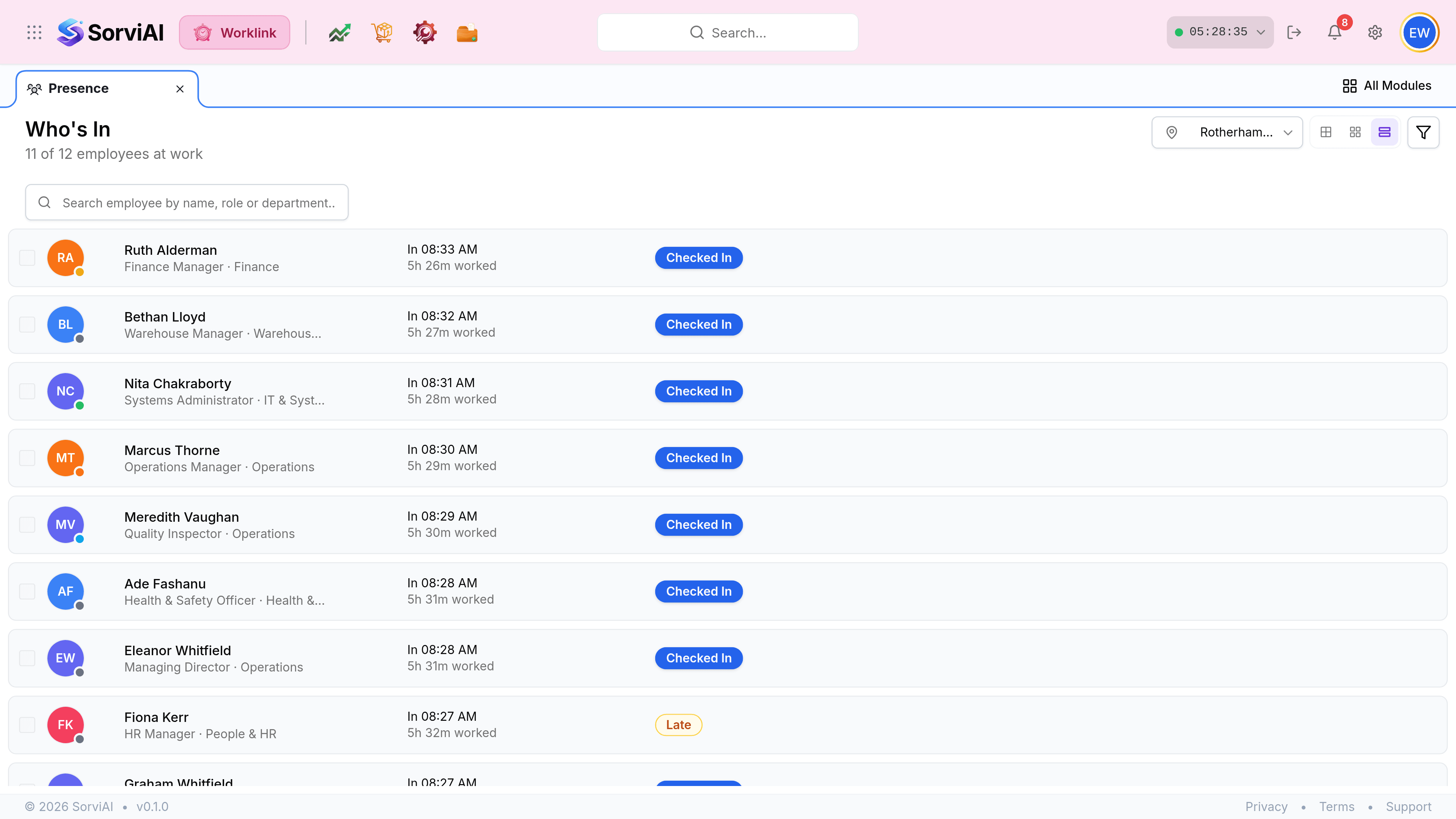 The Presence screen in list view. Each row shows a checkbox, an avatar with a small status dot, the person's name and their designation and department, their times such as In 08:47 or 08:35 to 19:05, the hours worked such as 5h 38m worked, and a status pill. Marcus Thorne's row carries an amber Late plus 13 minutes pill; Nita Chakraborty and Ruth Alderman show blue Checked In pills.