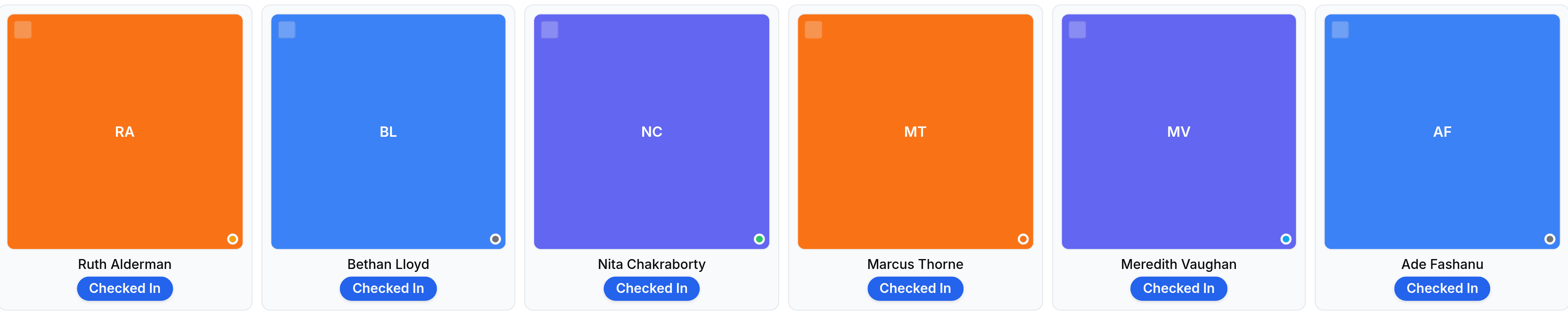 A row of presence tiles. Each carries an employee's initials on a large coloured square, their name beneath it, and a status pill: Ruth Alderman, Bethan Lloyd, Nita Chakraborty, Marcus Thorne, Meredith Vaughan and Ade Fashanu all read Checked In. Each tile has a small status dot at its lower right corner.