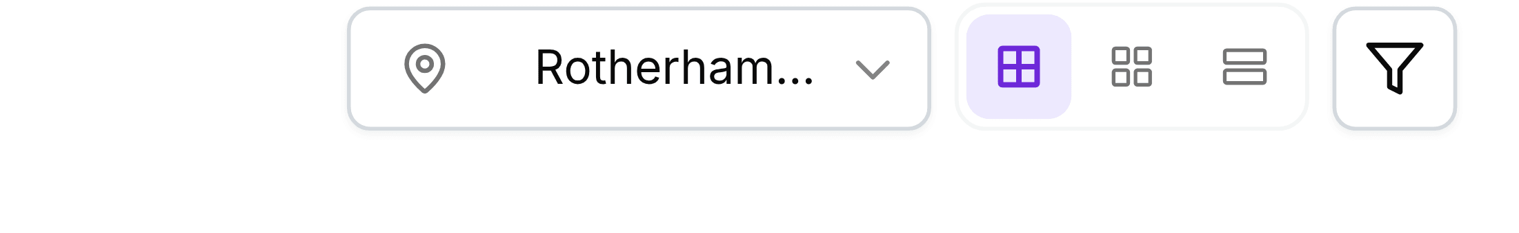 The controls at the top right of the Presence screen: a Rotherham location picker, then three view-mode buttons showing a large grid, a small grid and a row of lines, with the third selected, and a funnel-shaped filter button.