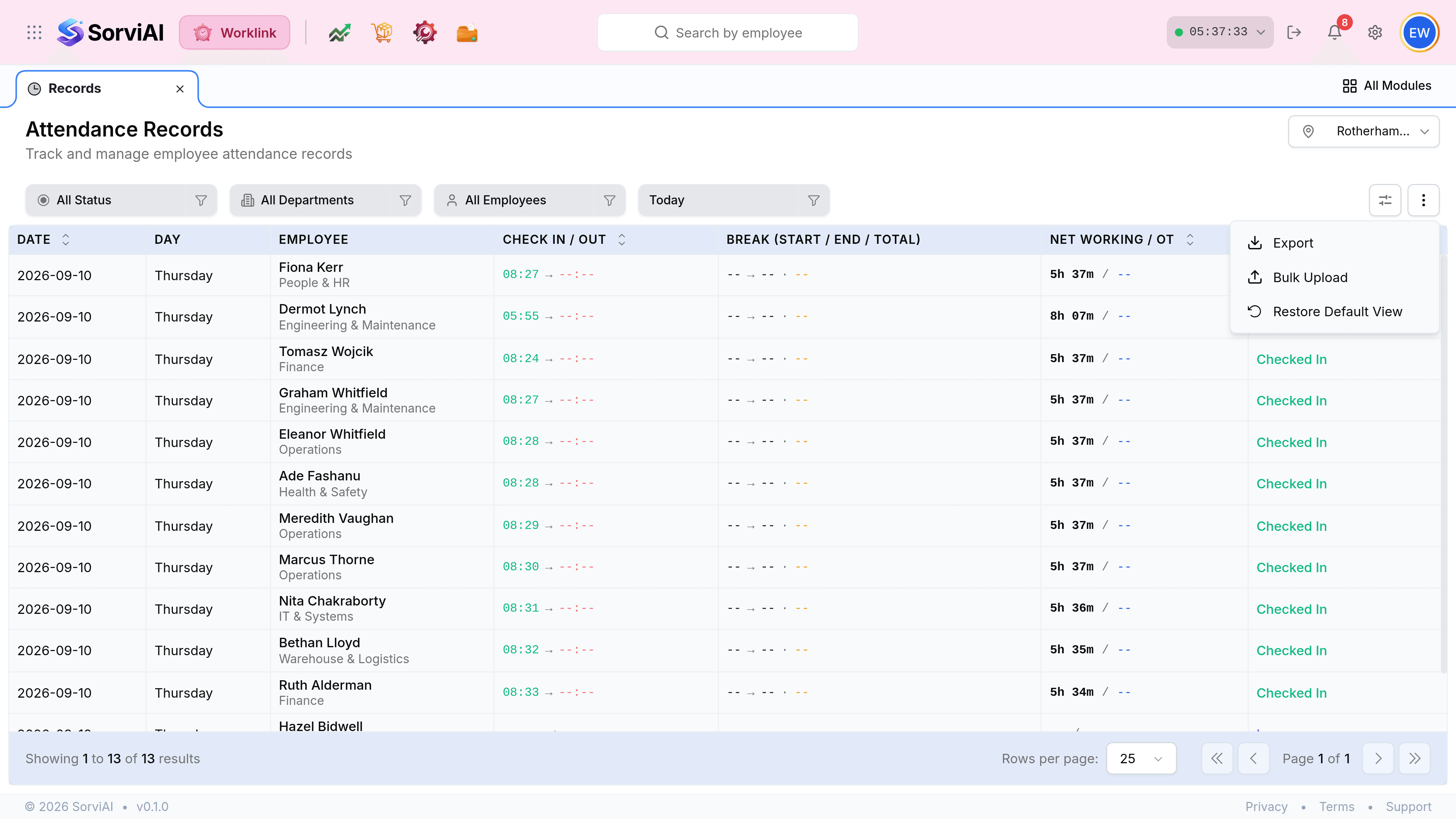 The three-dot menu open at the top right of the Attendance Records screen, listing three items with icons: Export, Bulk Upload and Restore Default View.