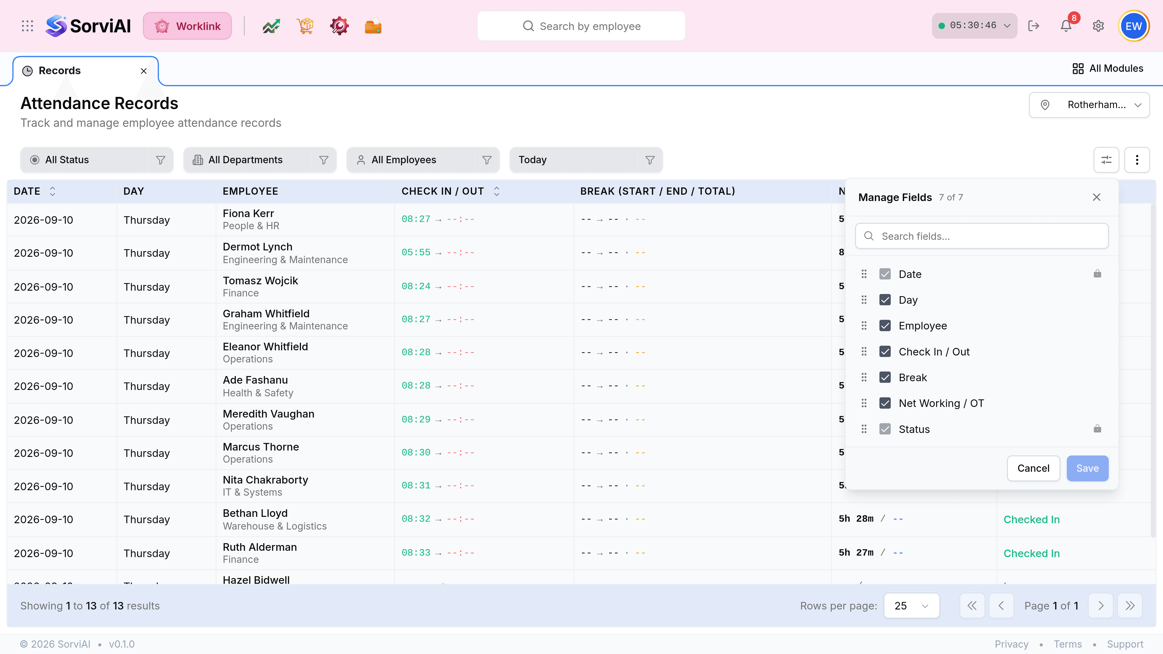 The Manage Fields panel open over the records table, headed Manage Fields 7 of 7 with a search box. Seven draggable rows are listed with checkboxes: Date, Day, Employee, Check In / Out, Break, Net Working / OT and Status. Date and Status carry a padlock icon and greyed checkboxes. Cancel and Save buttons sit at the foot.