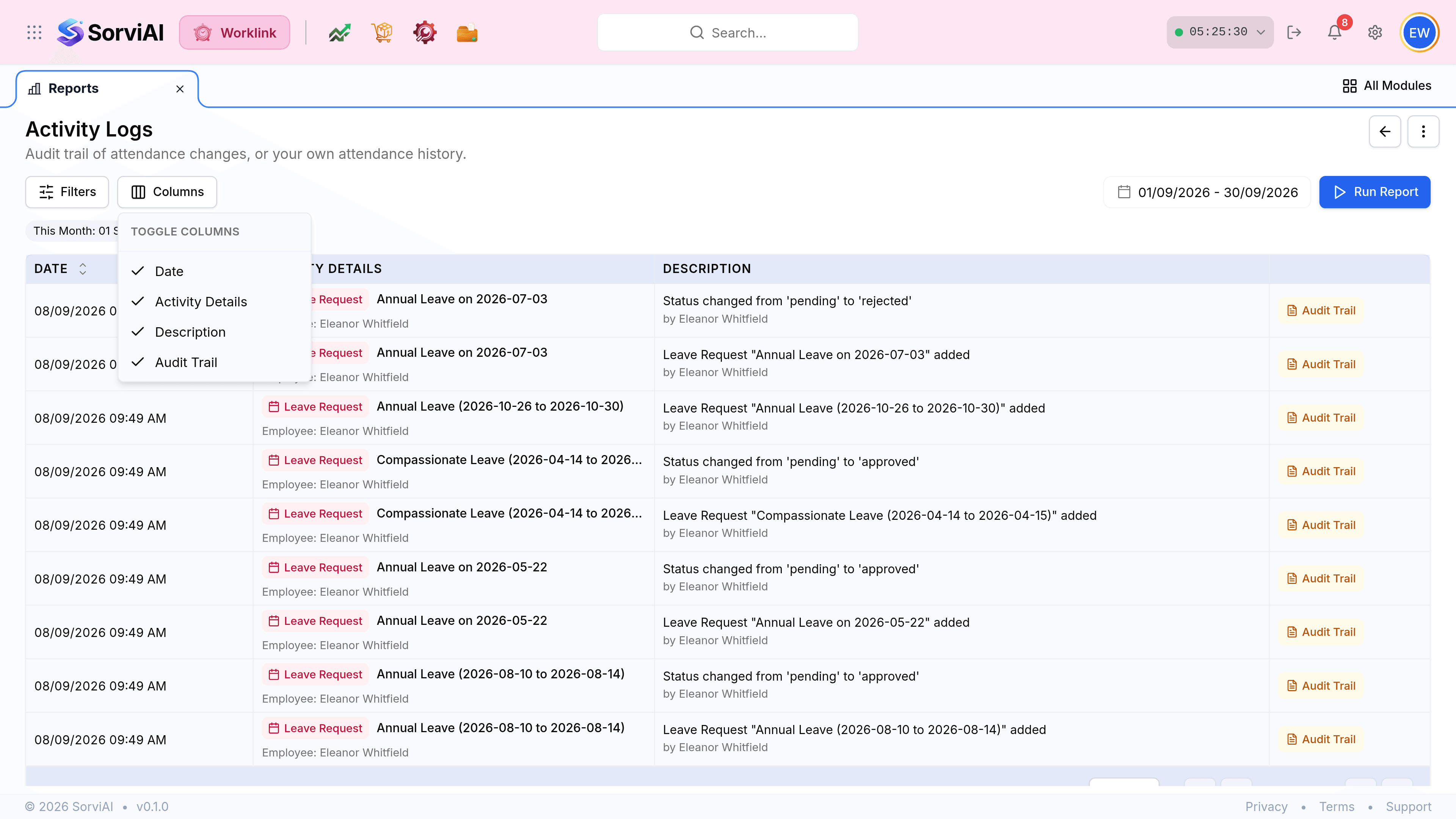 The Columns panel open on the Activity Logs report, listing the fields available on the audit trail with checkboxes so they can be shown or hidden.