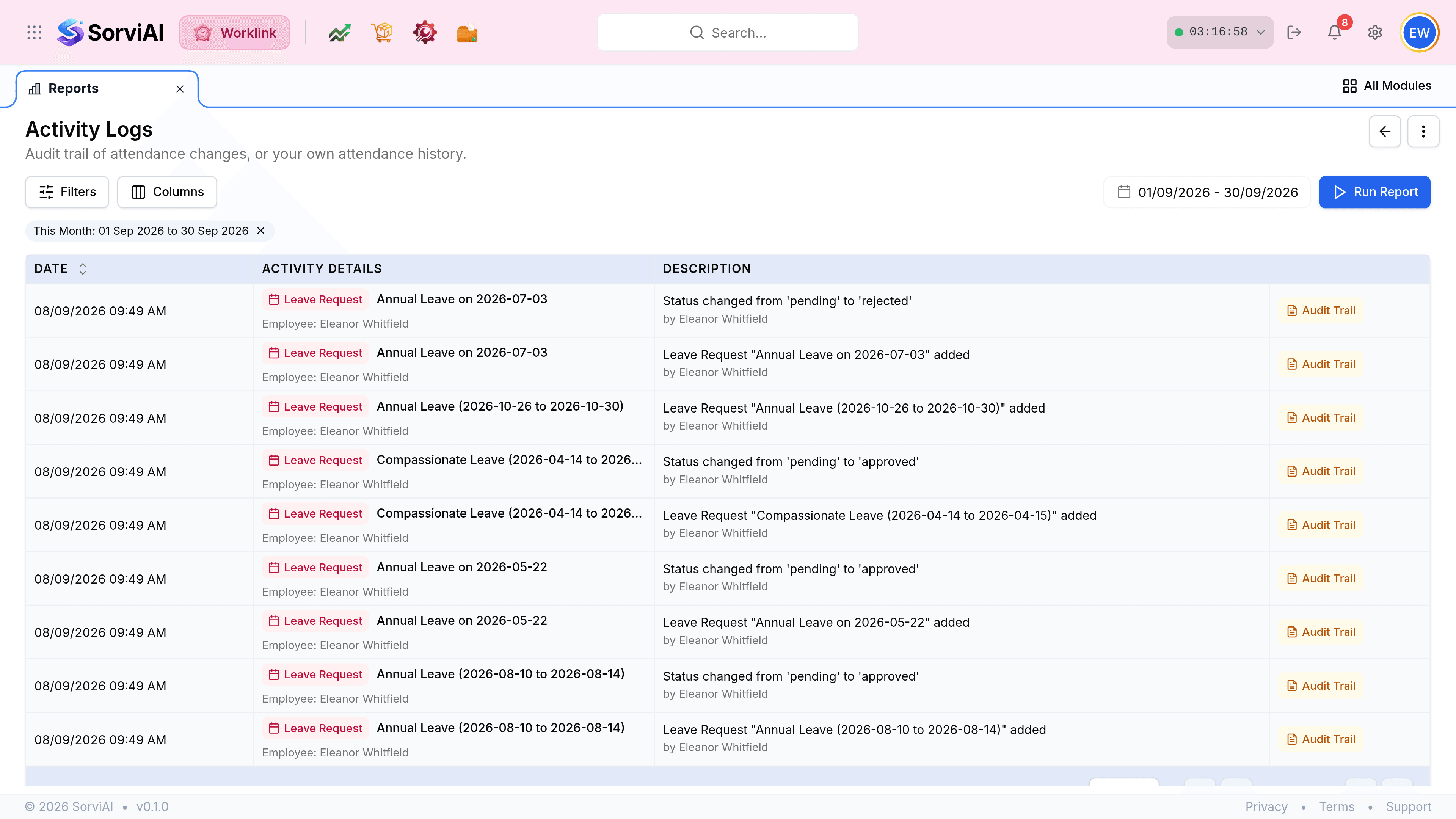 The Activity Logs report, headed Activity Logs above the line Audit trail of attendance changes, or your own attendance history. Filters and Columns buttons sit on the left, a date range and a blue Run Report button on the right, and a filter chip reads This Month, 01 Sep 2026 to 30 Sep 2026. The table has columns Date, Activity Details and Description, listing leave request changes with an Audit Trail link on each row.