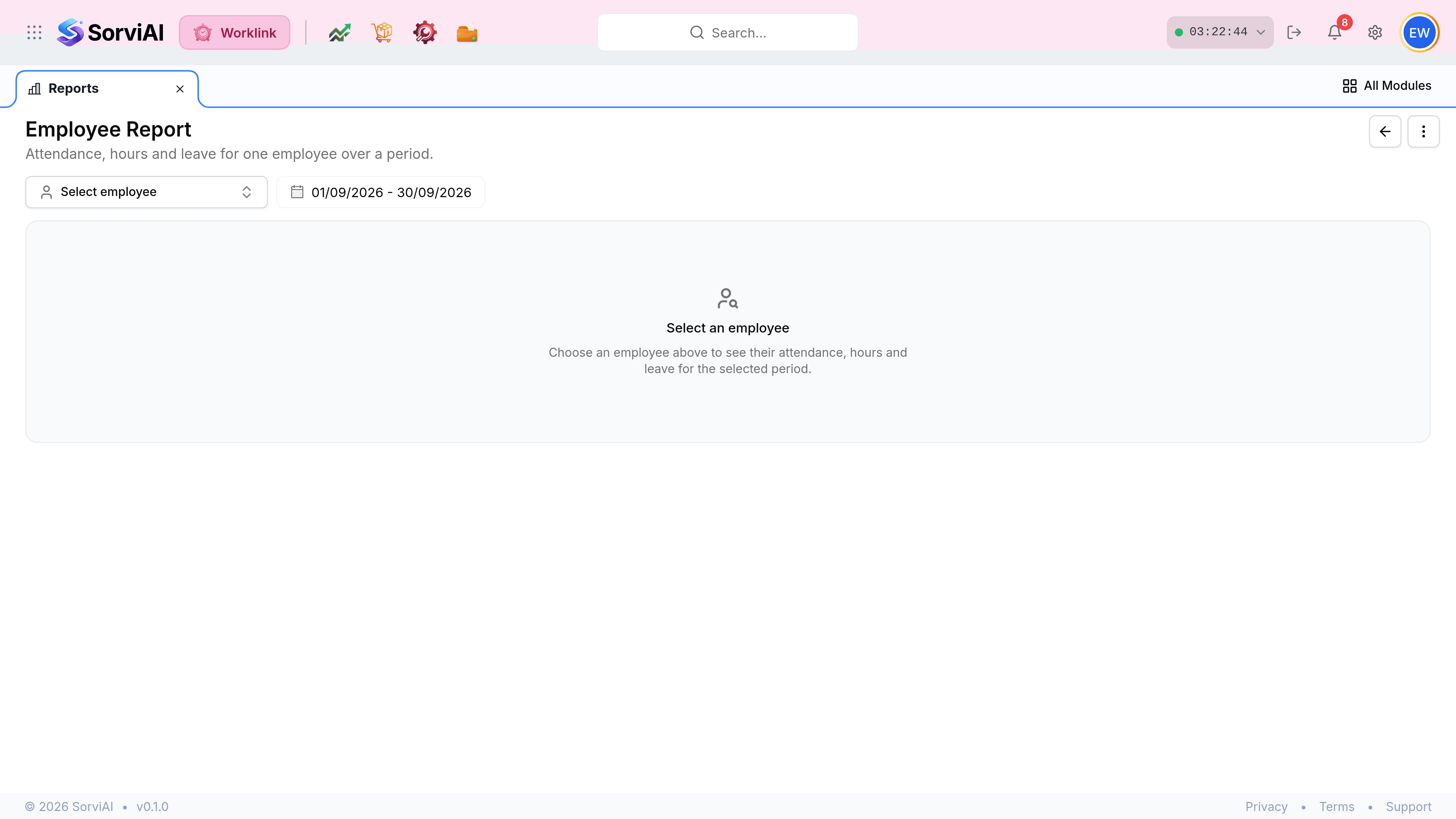 The Employee Report before an employee is chosen. A Select employee dropdown sits beside a date range of 01/09/2026 to 30/09/2026, above an empty panel headed Select an employee with the line Choose an employee above to see their attendance, hours and leave for the selected period.