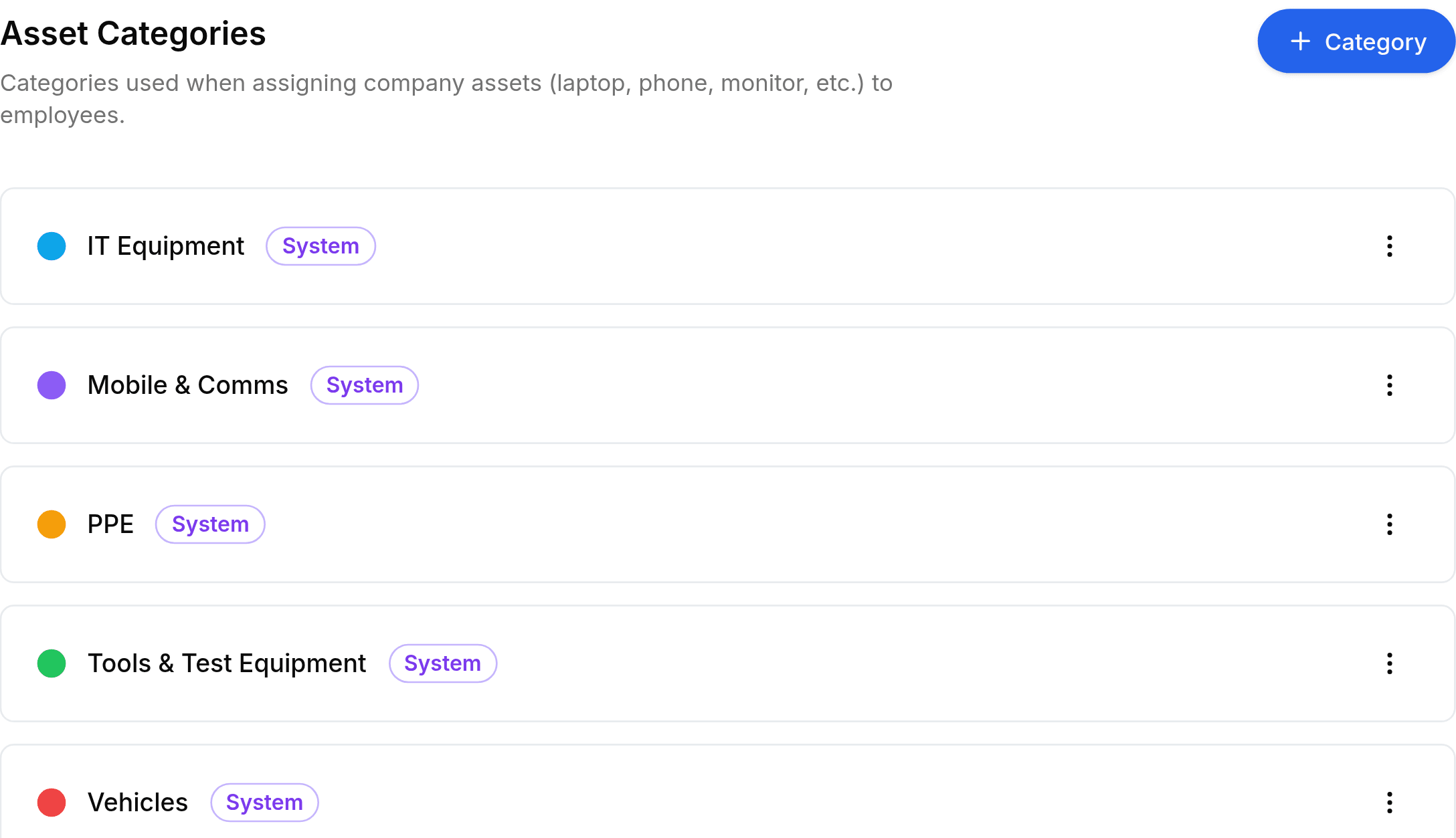 The Asset Categories tab, headed Asset Categories above the line Categories used when assigning company assets (laptop, phone, monitor, etc.) to employees, with a blue Category button at the right. Rows list the categories in use, each with a coloured dot, a name and a three-dot menu.