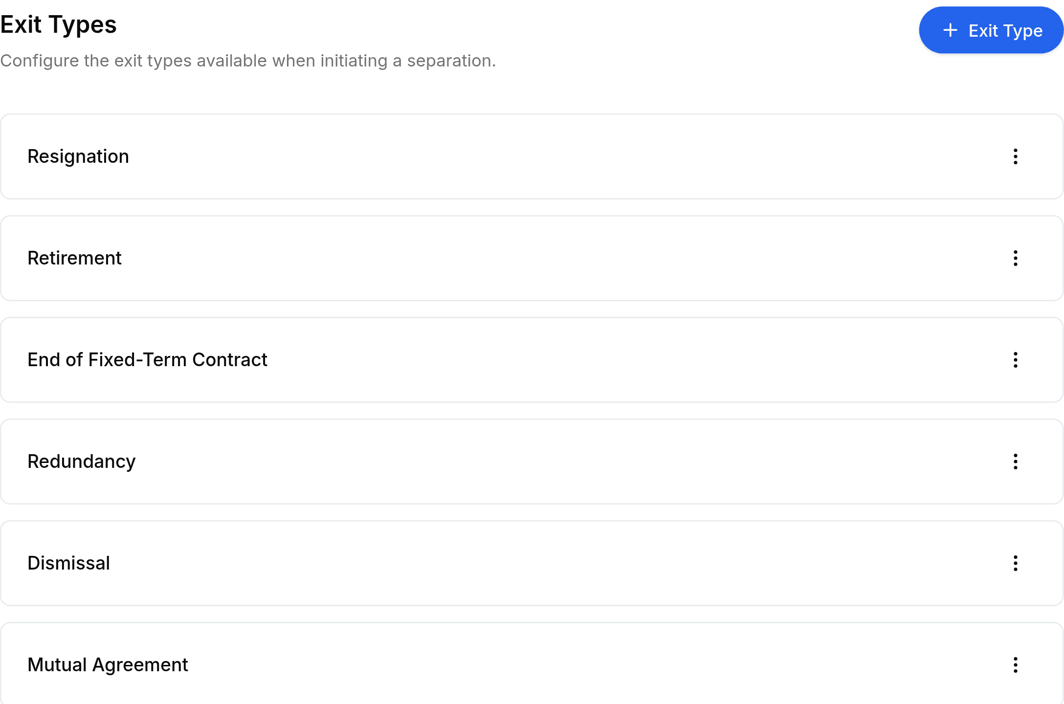 The Exit Types tab, headed Exit Types above the line Configure the exit types available when initiating a separation, with a blue Exit Type button at the right. Six rows follow, each a name and a three-dot menu: Resignation, Retirement, End of Fixed-Term Contract, Redundancy, Dismissal and Mutual Agreement.