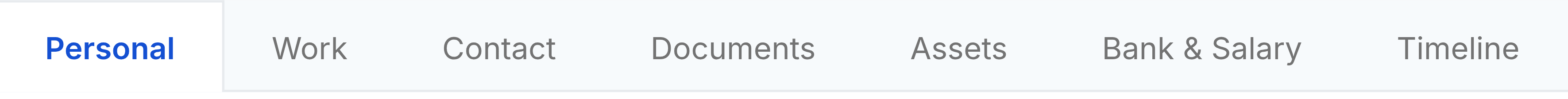 The tab strip across the top of the profile screen, reading Personal, Work, Contact, Documents, Assets, Bank and Salary, and Timeline. Personal is selected and underlined in blue.