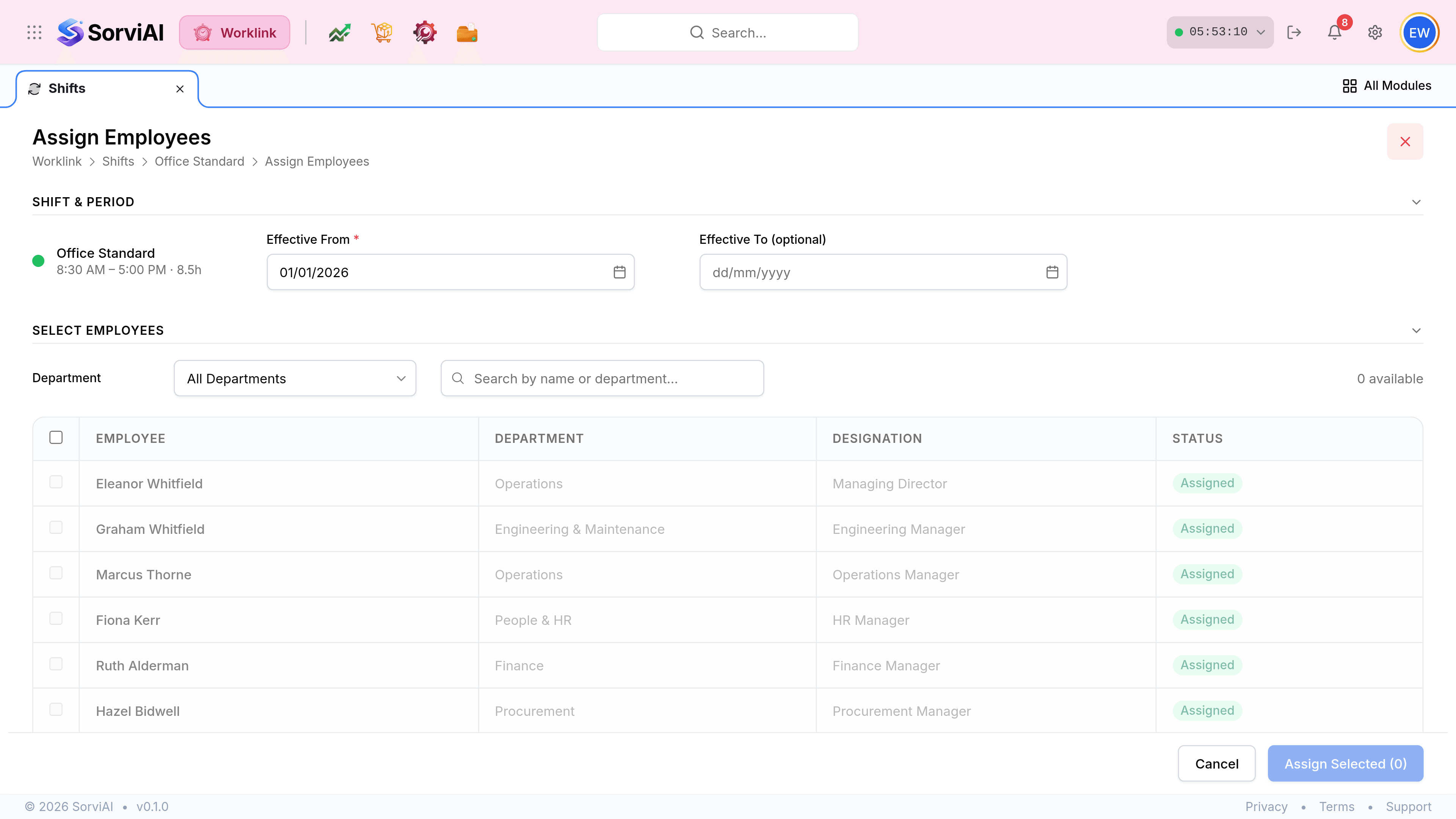 The Assign Employees screen for a shift, with the breadcrumb Worklink, Shifts, Back Shift, Assign Employees. It offers a date field for when the assignment starts and a searchable list of employees with checkboxes, above Cancel and Assign buttons.