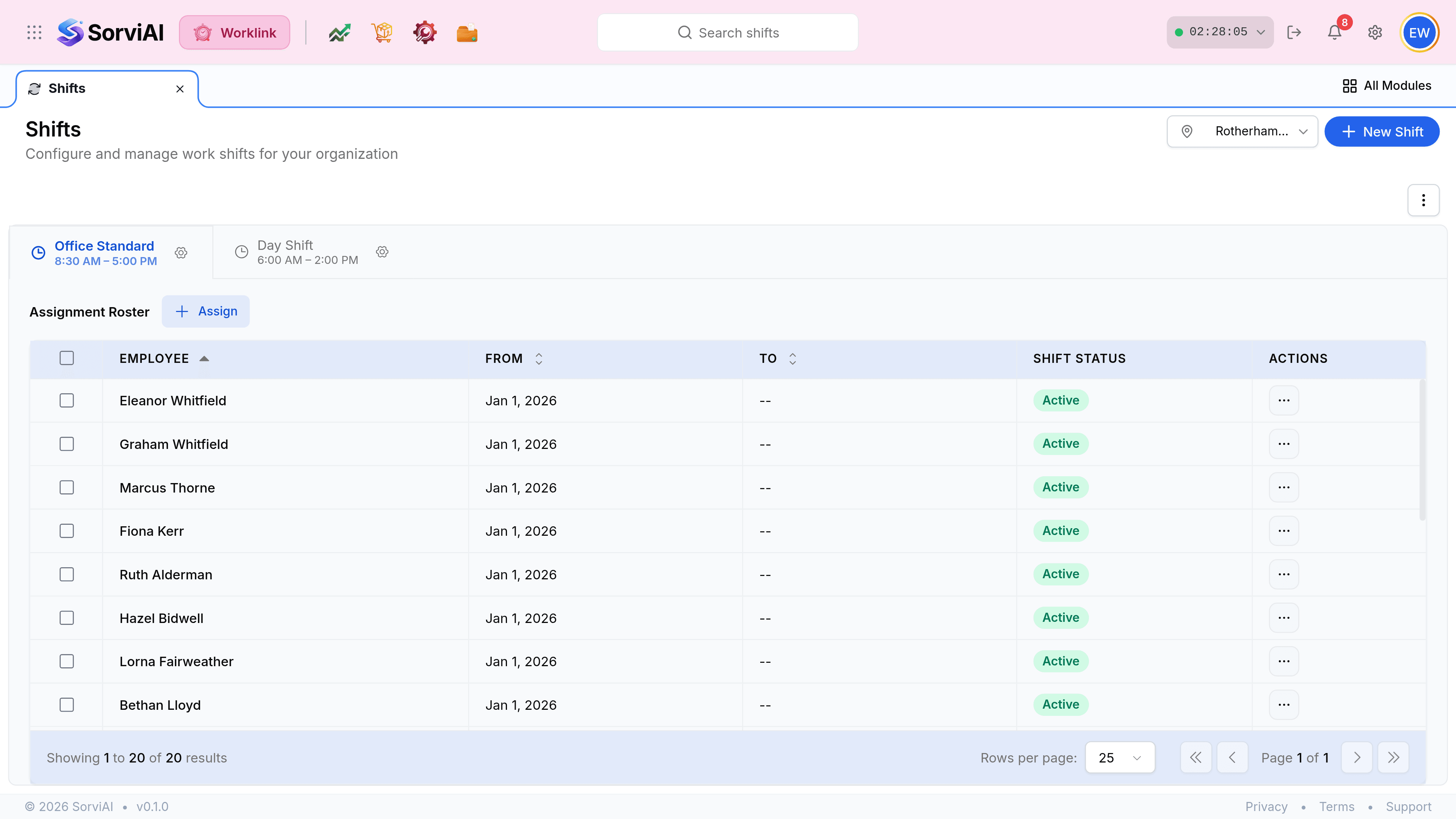 The Shifts screen, headed Shifts above the line Configure and manage work shifts for your organization, with a Central Warehouse location picker and a blue New Shift button. Two shift tabs read Office Standard 8:30 AM to 5:00 PM and Day Shift 6:00 AM to 2:00 PM, each with a gear icon. Below them an Assignment Roster heading sits beside an Assign button, above a table with columns Employee, From, To, Shift Status and Actions listing twenty people, all From 1 Jan 2026 with an open To date and an Active status.