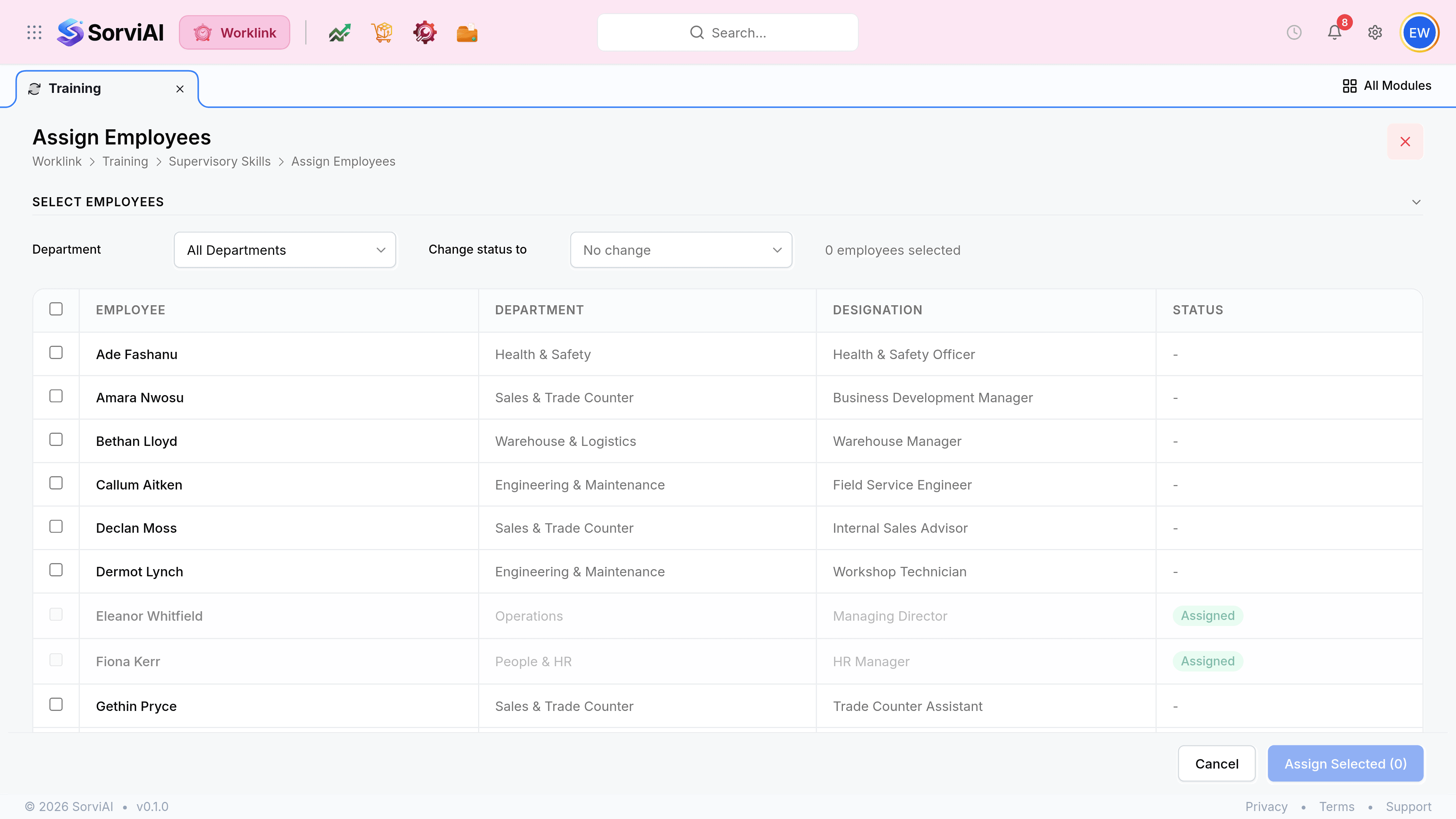 The Assign Employees screen for a training program, with the breadcrumb Worklink, Training, Supervisory Skills, Assign Employees. It shows the program being assigned above a searchable employee list with checkboxes and their current departments and designations, with Cancel and Assign Selected buttons at the foot.