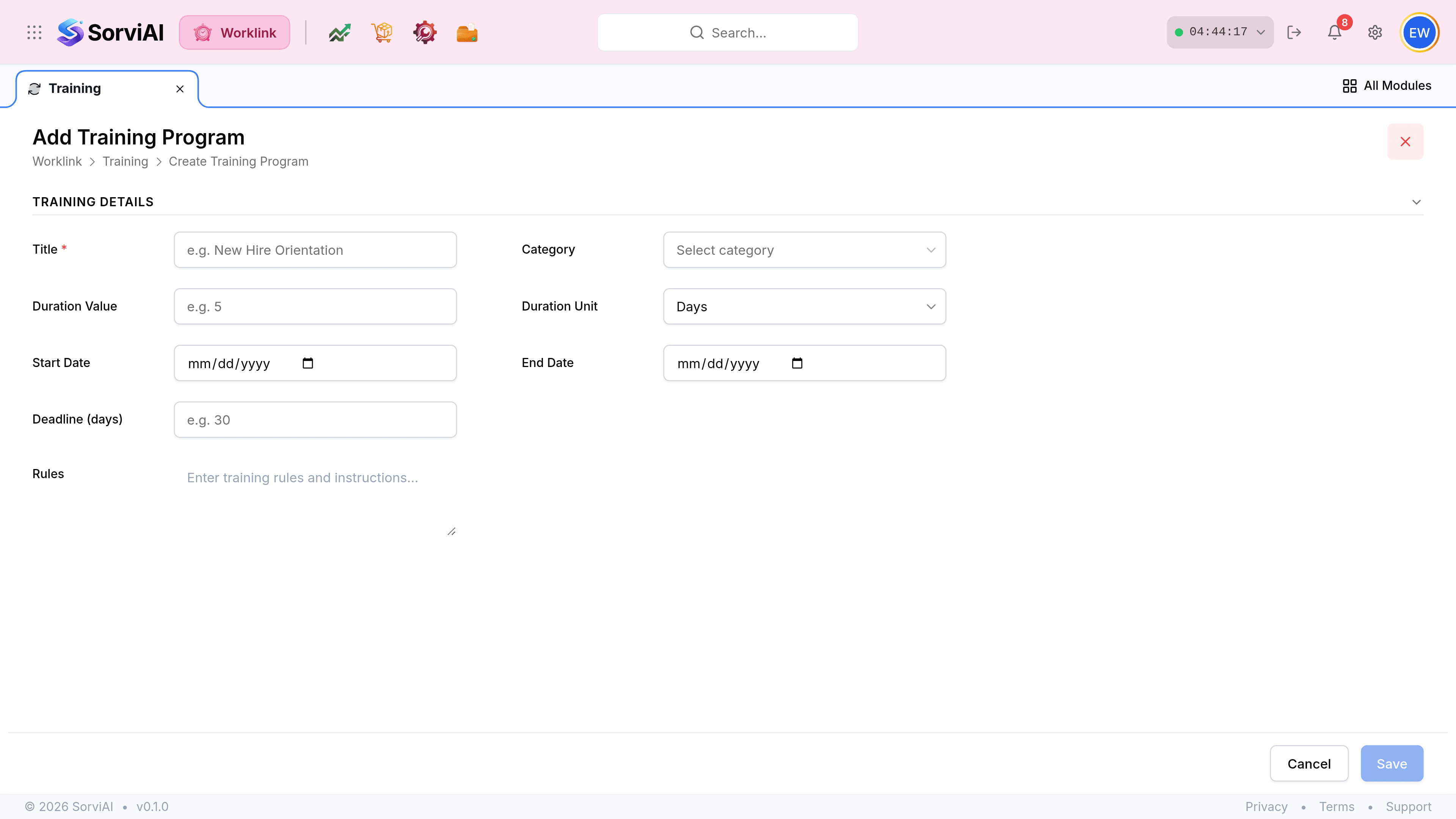 The Add Training Program screen, with the breadcrumb Worklink, Training, Create Training Program. A Training Details section holds a required Title beside a Category picker reading Select category, then Duration Value beside a Duration Unit picker set to Days, Start Date beside End Date, a Deadline (days) field, and a Rules box placeholdered Enter training rules and instructions. Cancel and Save sit at the foot.