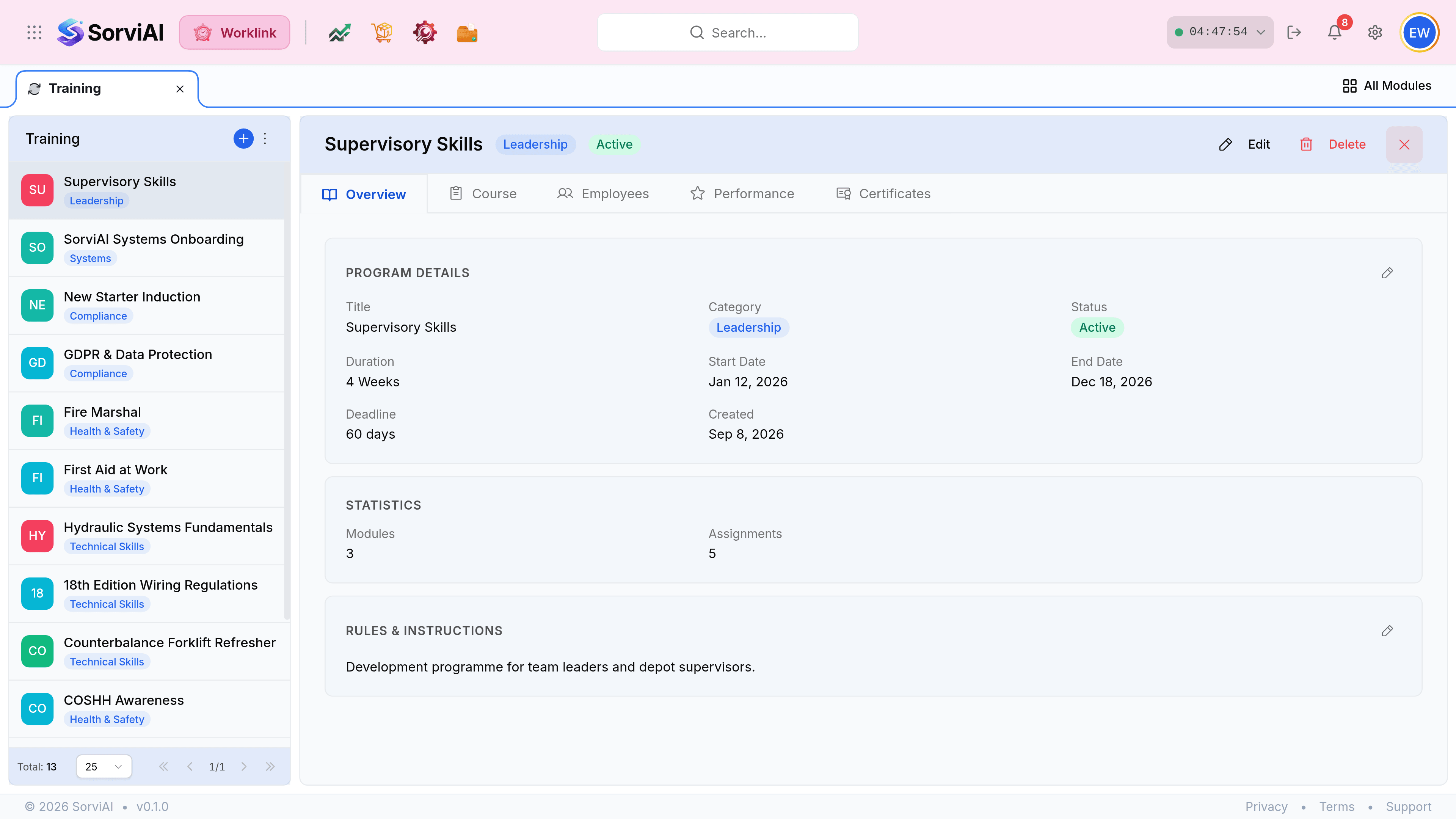 A training program page for Supervisory Skills, marked Leadership and Active, with Edit and Delete buttons. Tabs read Overview, Course, Employees, Performance and Certificates. A Program Details card shows the title, category, status, duration of 4 Weeks, start and end dates, a 60 day deadline and the created date. A Statistics card reads Modules 3 and Assignments 5. A Rules and Instructions card describes it as a development programme for team leaders and depot supervisors. A list of all thirteen programs runs down the left.