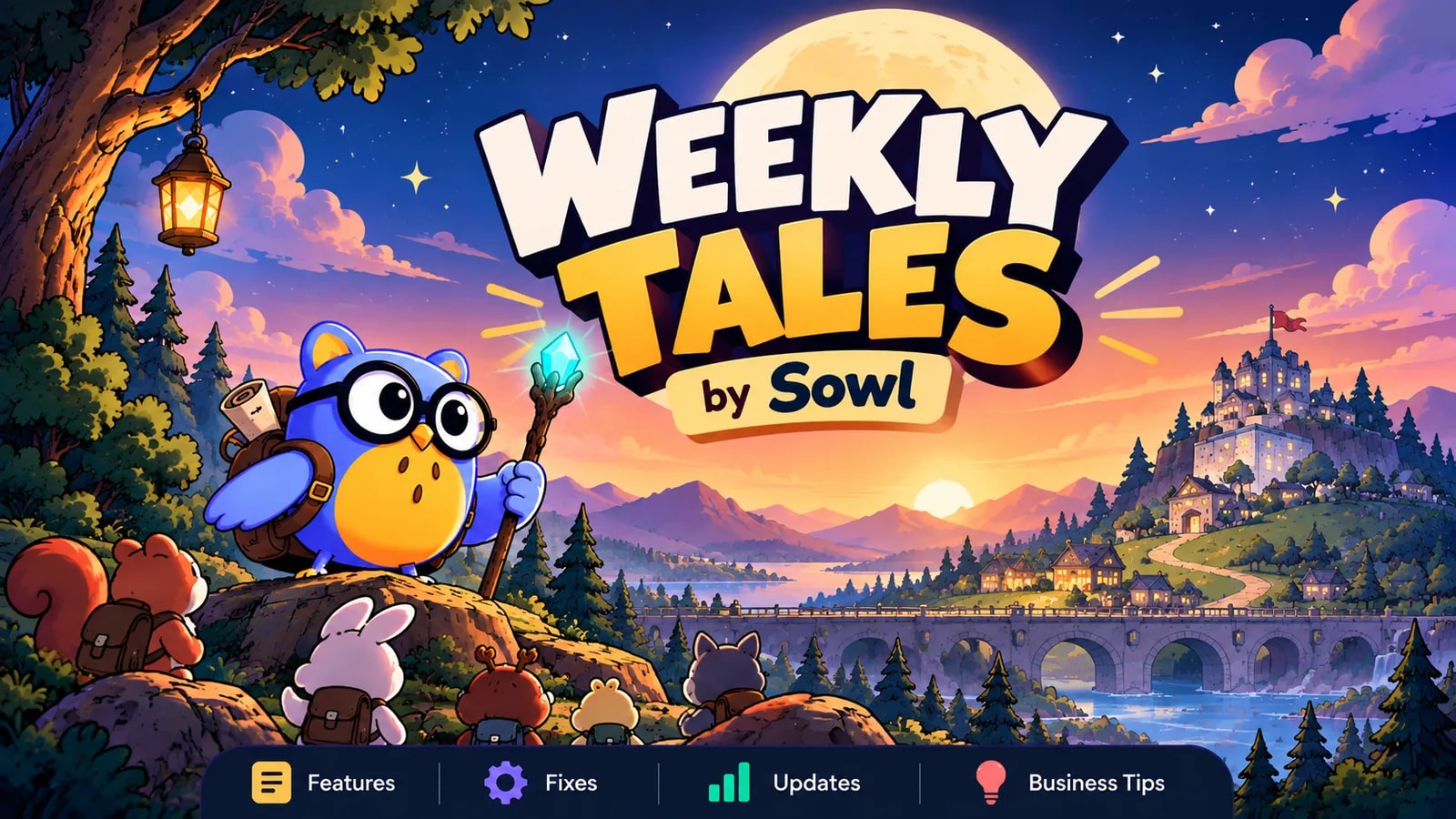 The Weekly Tales by Sowl cover: Sowl, a blue owl in round glasses, on a hillside at dusk beside the series title, over the four themes Features, Fixes, Updates and Business Tips.