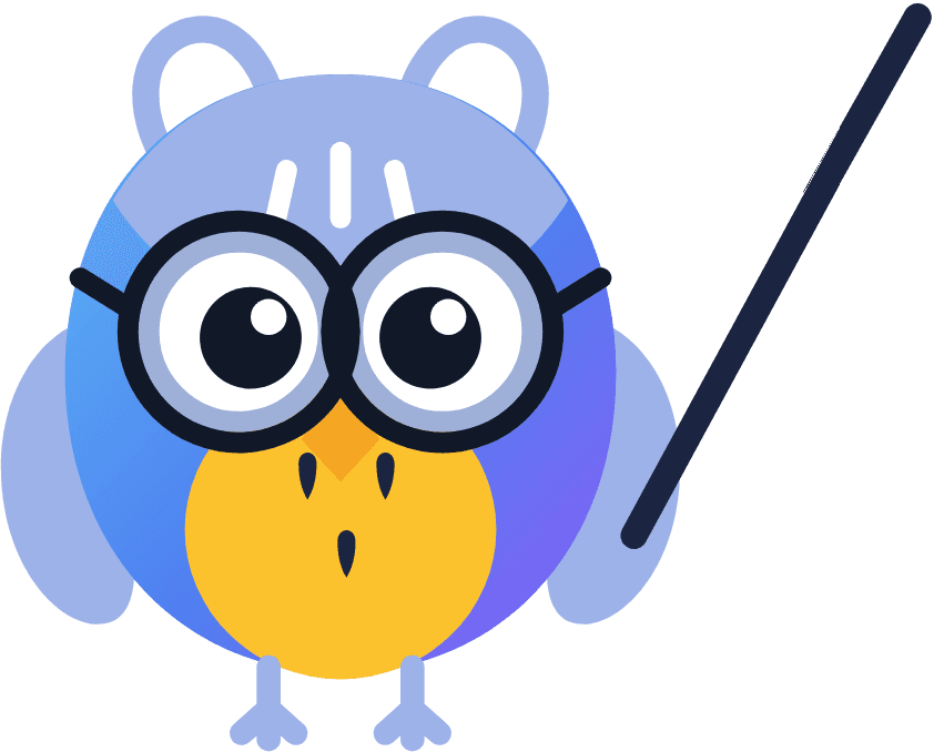Sowl, the SorviAI tutor: a blue owl in round glasses, holding a pointer.