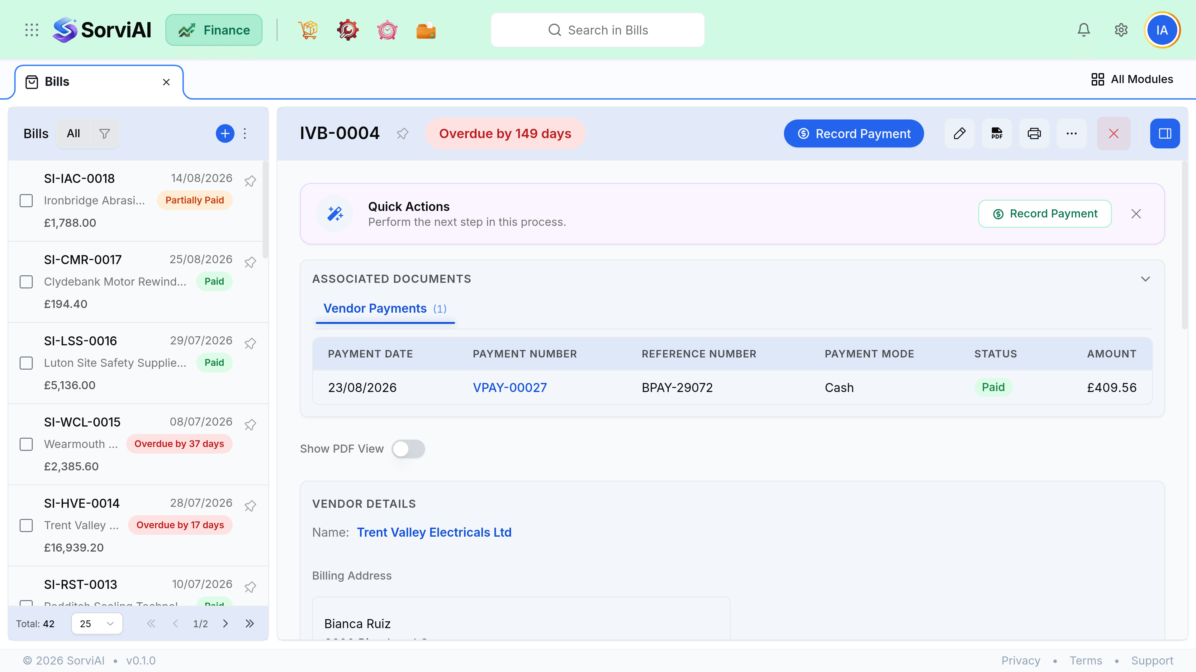 An open bill, IVB-0004, showing a red Overdue by 149 days pill beside a Record Payment button. A Quick Actions strip repeats Record Payment. An Associated Documents panel lists one vendor payment, VPAY-00027, for 409.56 marked Paid. Vendor Details and Bill Details follow beneath it.