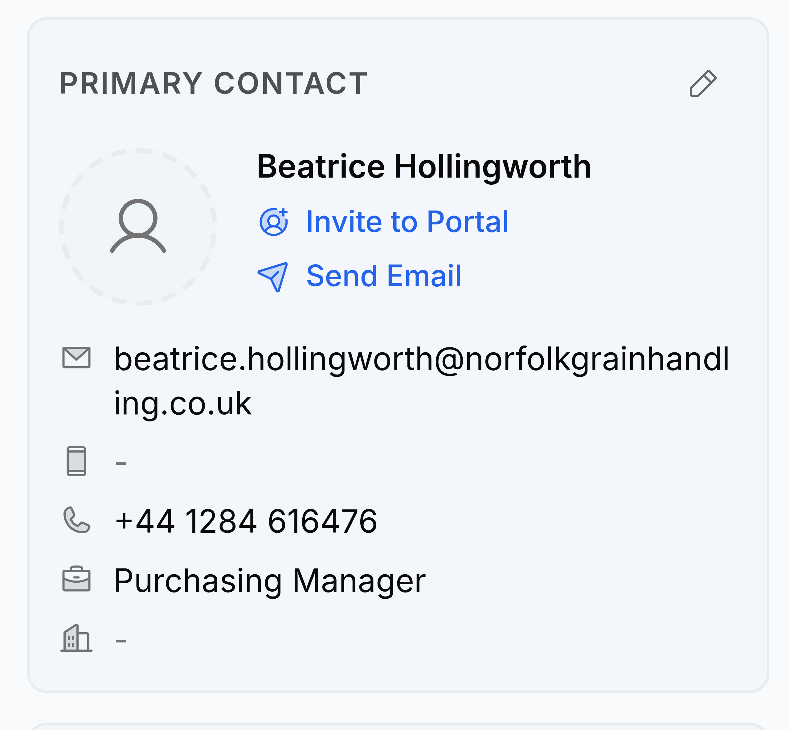 The Primary Contact panel on a customer. It shows the contact name Beatrice Hollingworth with Invite to Portal and Send Email links beneath it, then rows for email address, mobile, phone, job title reading Purchasing Manager, and company.