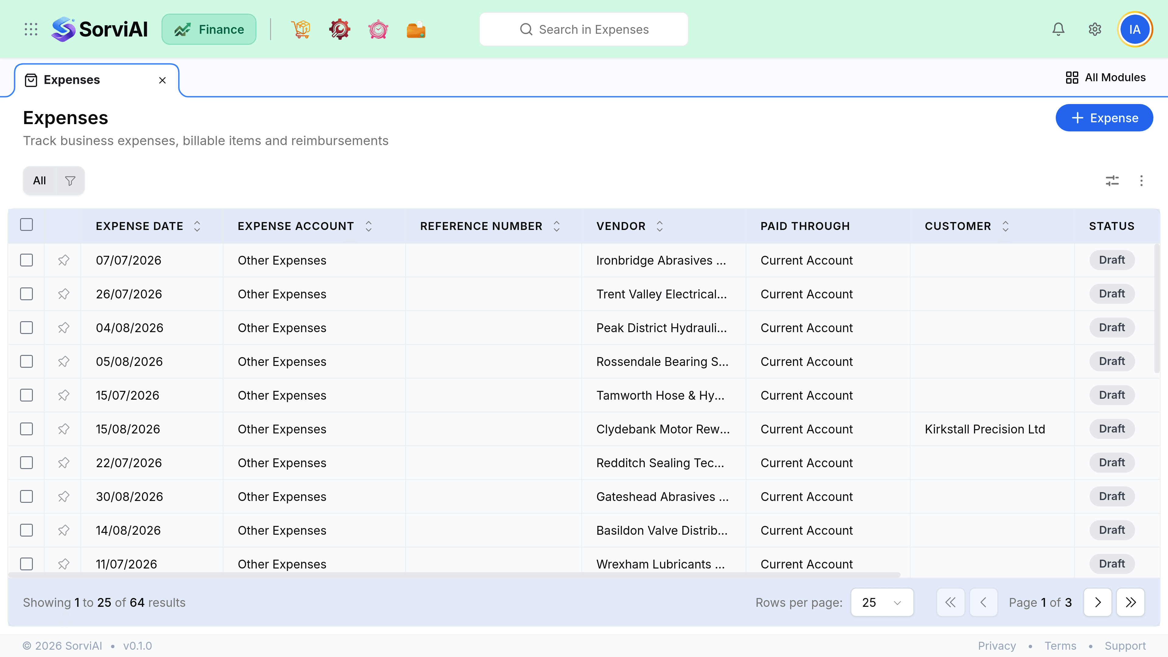 The Expenses screen listing sixty-four expenses with columns for Expense Date, Expense Account, Reference Number, Vendor, Paid Through, Customer and Status. The first row is coded to Other Expenses against Ironbridge Abrasives Ltd, paid through the Current Account, and carries a Draft status.