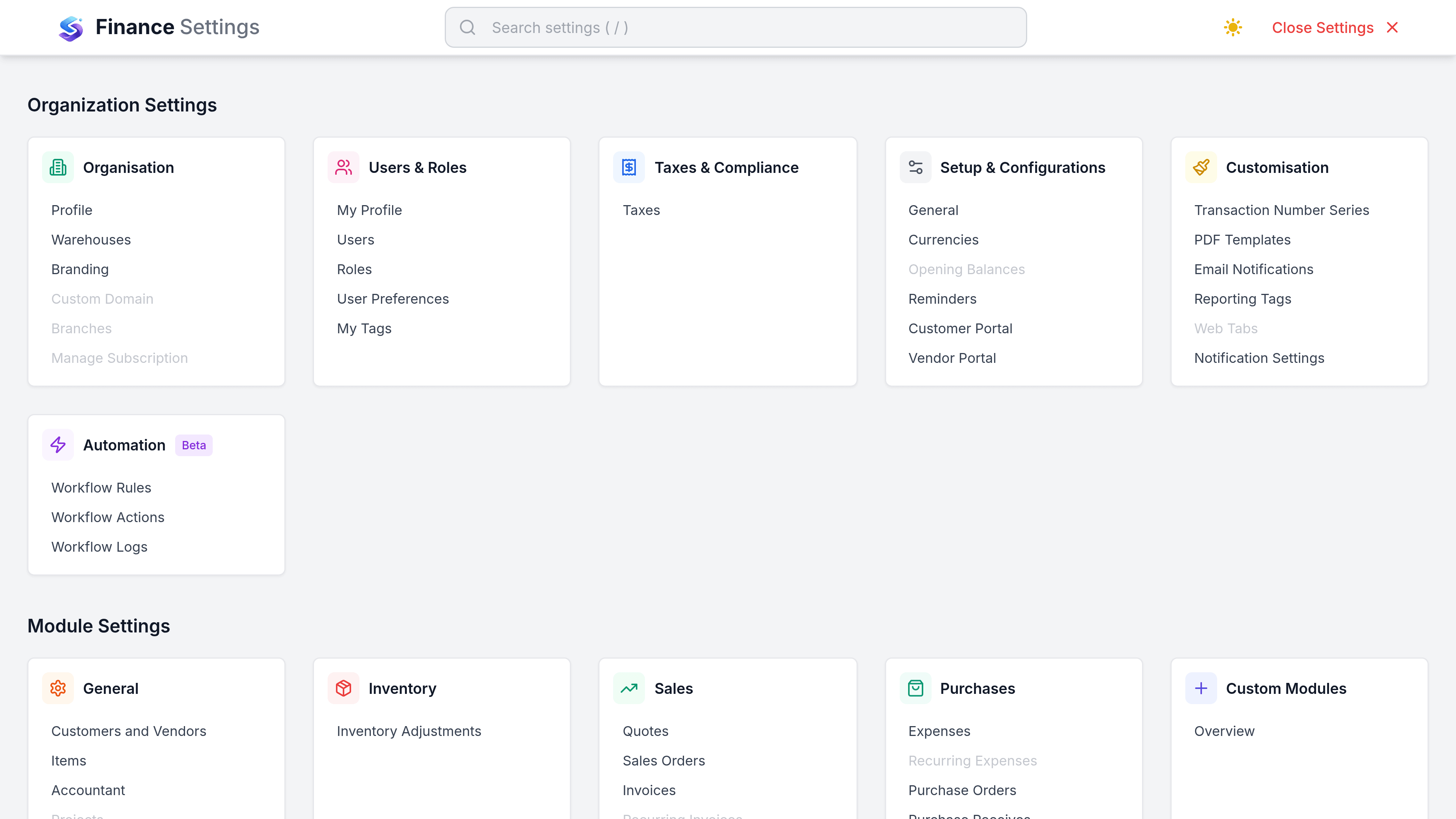 Finance Settings with a left menu grouped under General (Organisation, Users and Roles, Taxes, Payment Terms, Portal, Email Preferences, Preferences), Modules (Sales, Purchases, Items, Inventory, Accountant) and Customization (Templates, Tags, Notifications). Organisation is selected and shows tabs reading Profile, Warehouses, Currencies and Number Series. The Profile tab holds an Upload logo control, an Organisation Name field reading Ironvale Industry, an Industry picker, an Organisation ID, and address fields with Country set to United Kingdom.