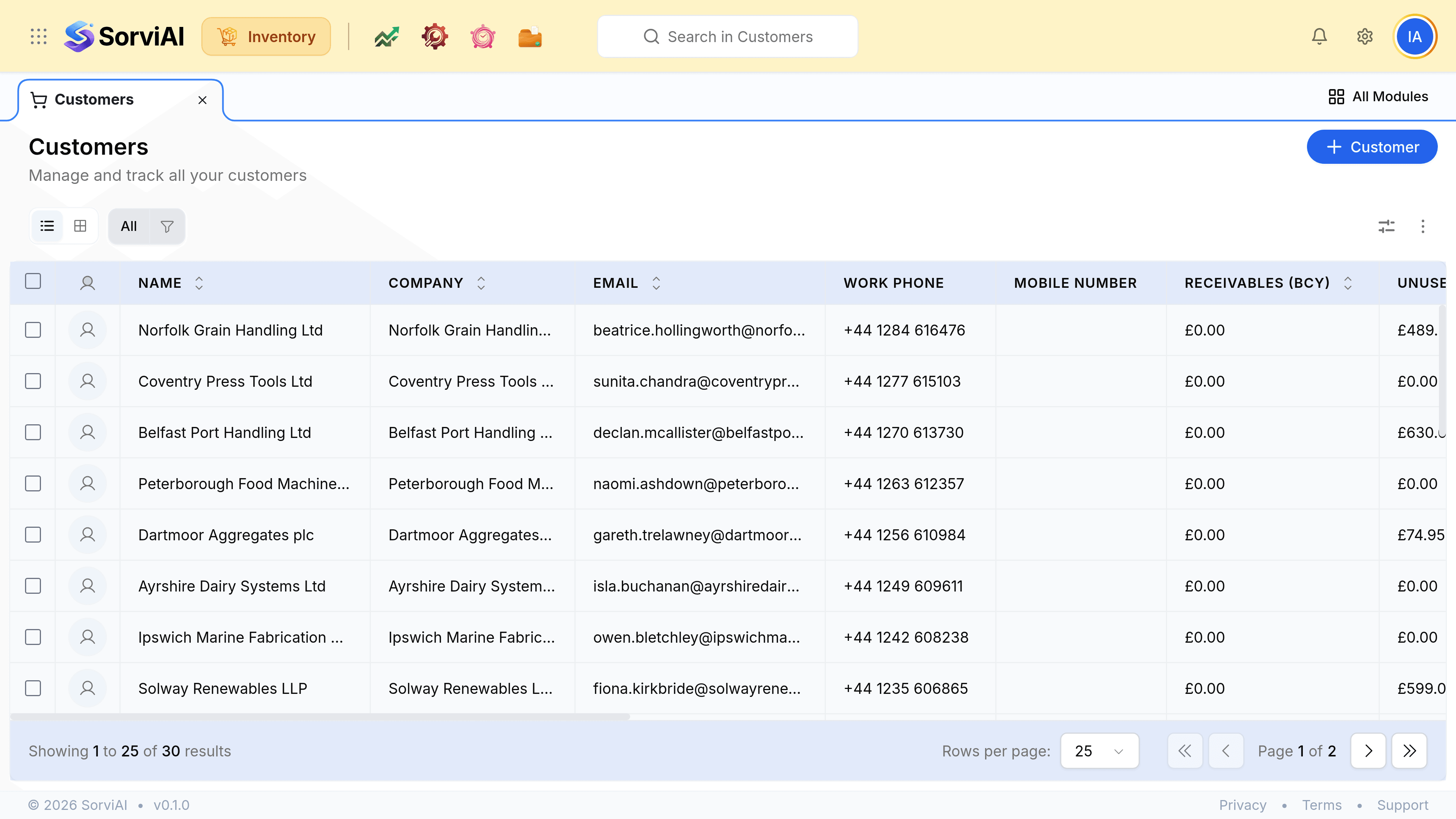 The Customers list with its Customer action, showing existing UK trade accounts with their contact details and status.