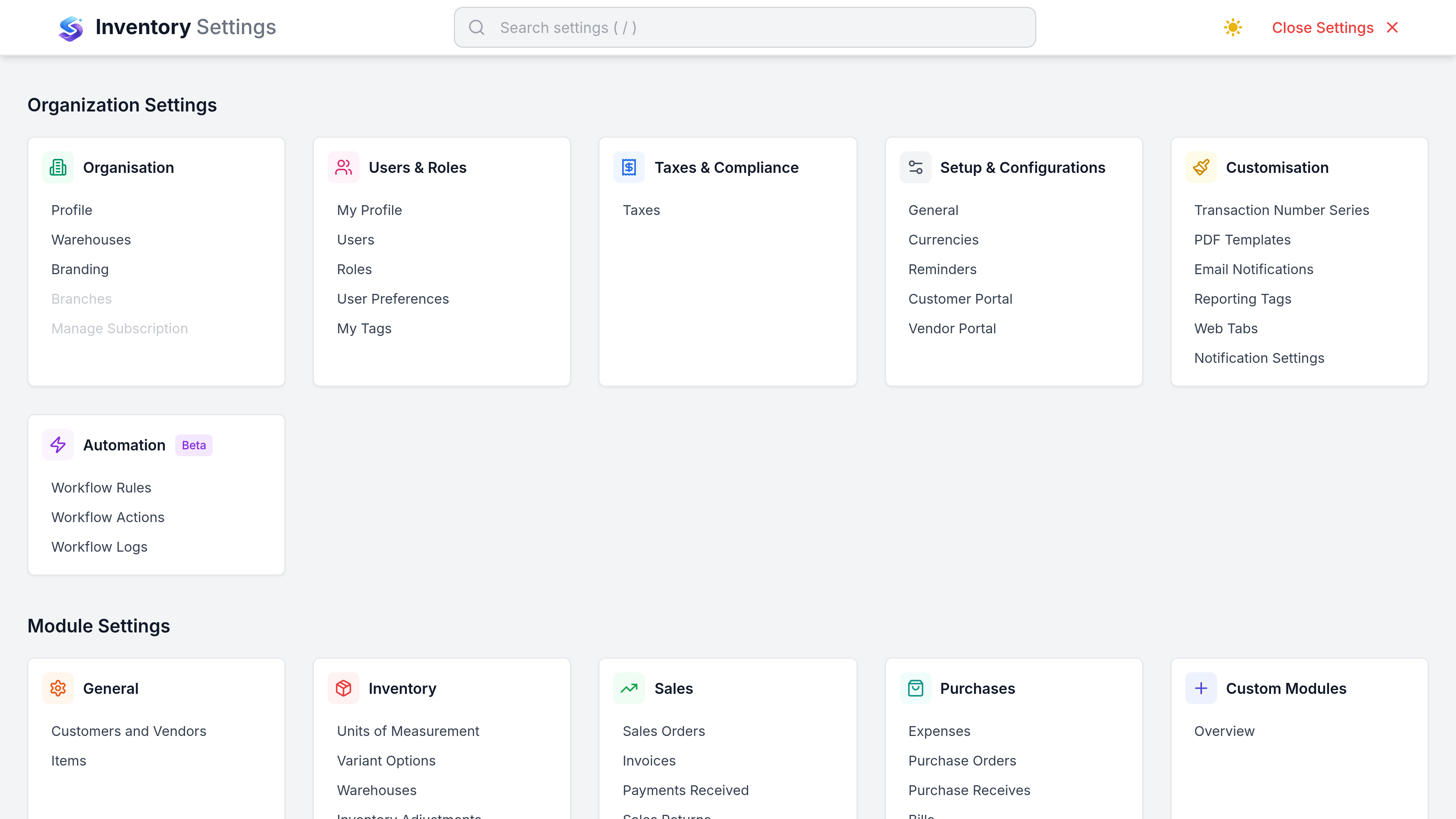 Inventory Settings with a left menu grouped under General holding Organisation, Users and Roles, Taxes, Payment Terms, Portal, Email Preferences and Preferences, then Modules holding Sales, Purchases, Items and Inventory, then Customization and Advanced. Organisation is selected and shows tabs reading Profile, Warehouses, Currencies and Number Series. The Profile tab holds an Upload logo control, an Organisation Name reading Ironvale Industry, an Industry picker, an Organisation ID and address fields with Country set to United Kingdom.