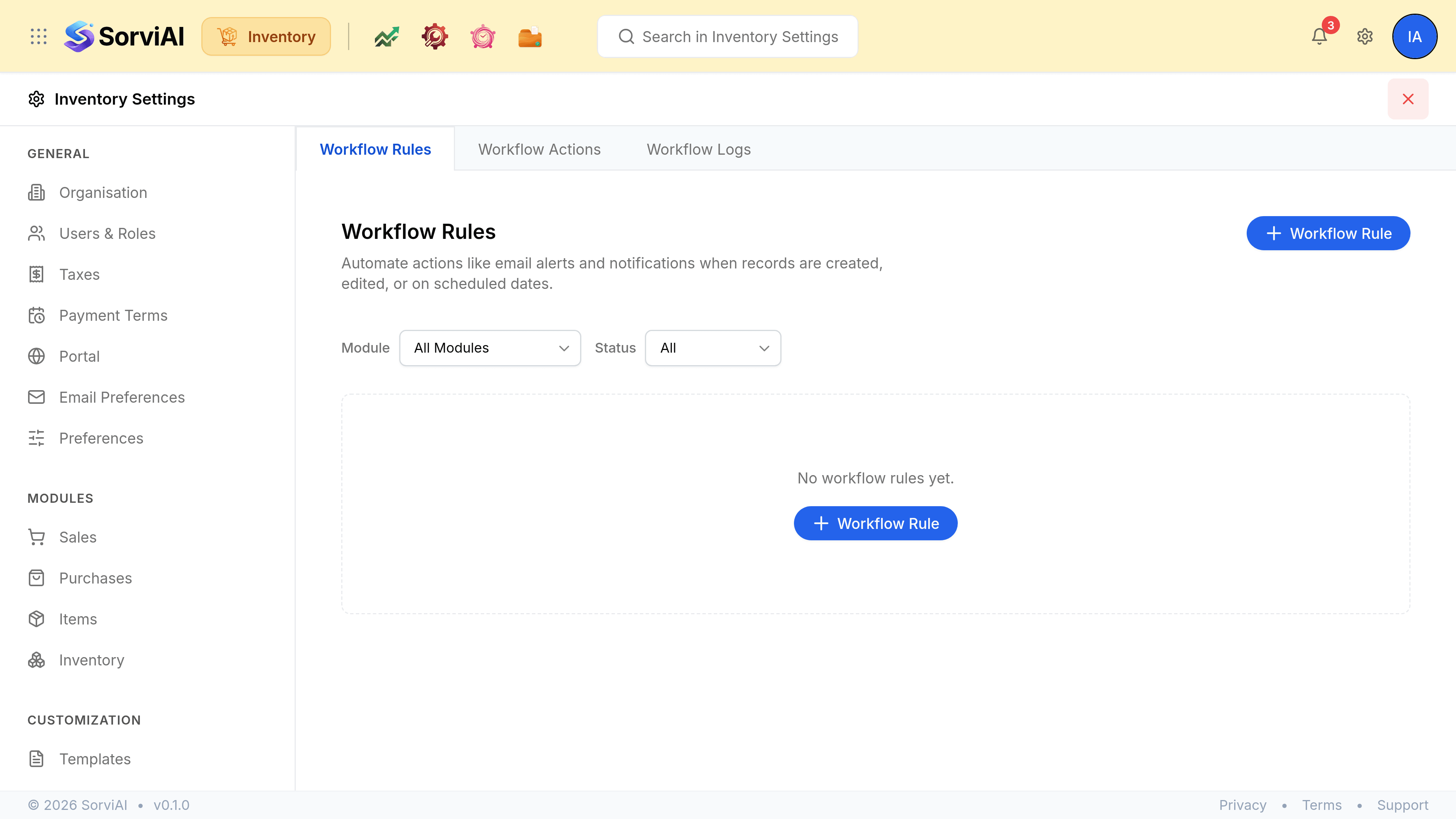 The Workflow Rules tab of Workflow Automation in Inventory Settings, headed Workflow Rules above the line Automate actions like email alerts and notifications when records are created, edited, or on scheduled dates, with a blue Workflow Rule button at the right. Tabs above read Workflow Rules, Workflow Actions and Workflow Logs, and the rail entry carries a Beta pill. A Module filter set to All Modules and a Status filter set to All sit above an empty panel reading No workflow rules yet.