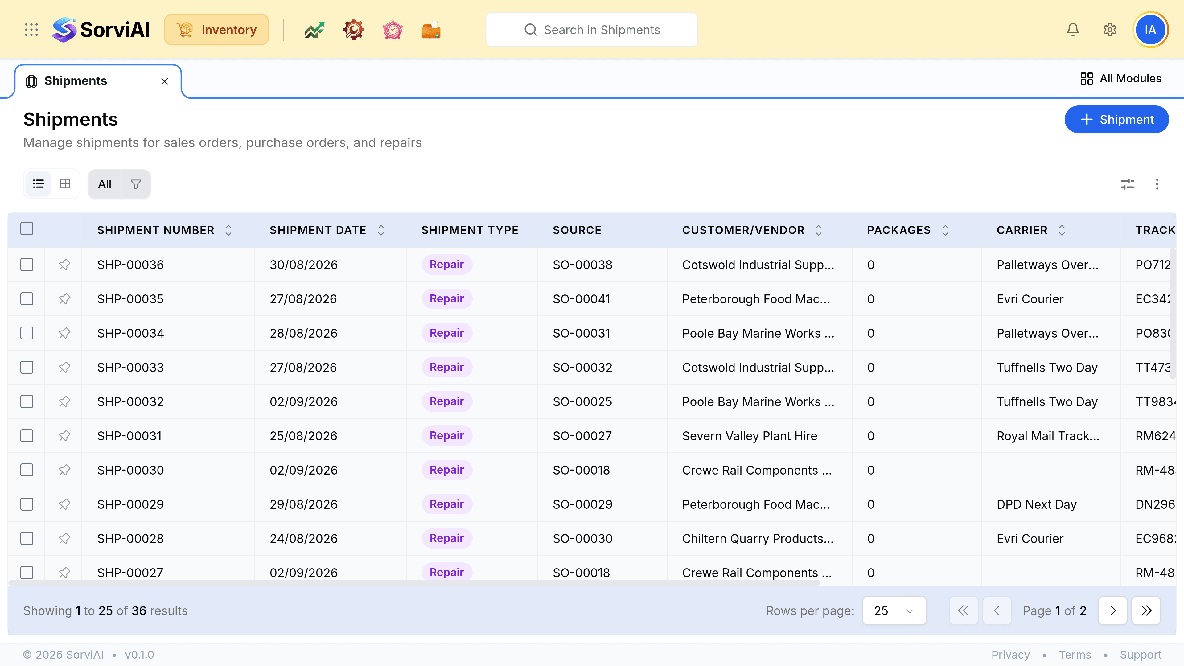 The Shipments list showing a mix of statuses, with several rows marked Pending and several marked In Transit, each against a carrier and a tracking number.