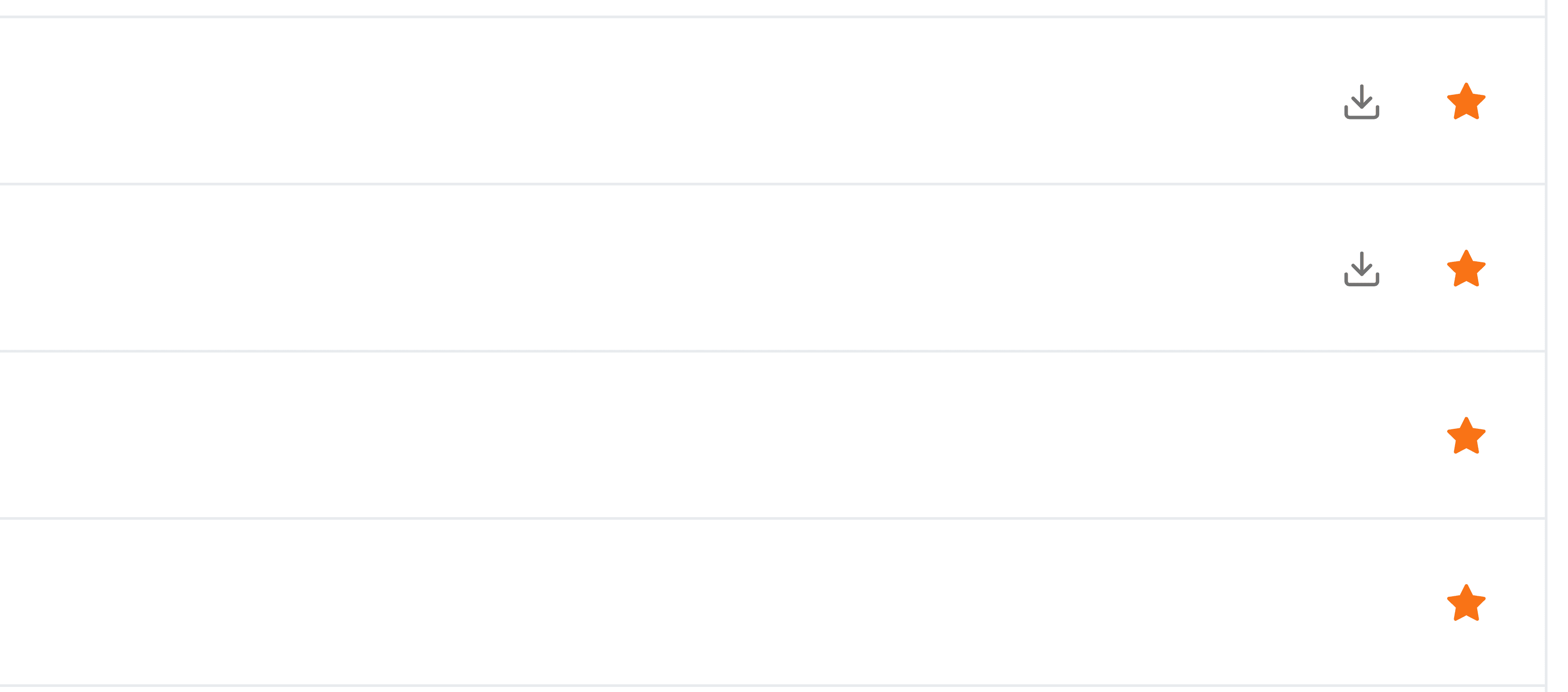 The right-hand end of four rows in Favorites. The first two, Trade Price List 2026 - Rev B.xlsx and COSHH Register 2026.xlsx, each end in a grey download arrow and a filled orange star. The next two, the Engineering Workshop and Sales & Tenders folders, end in the star alone.