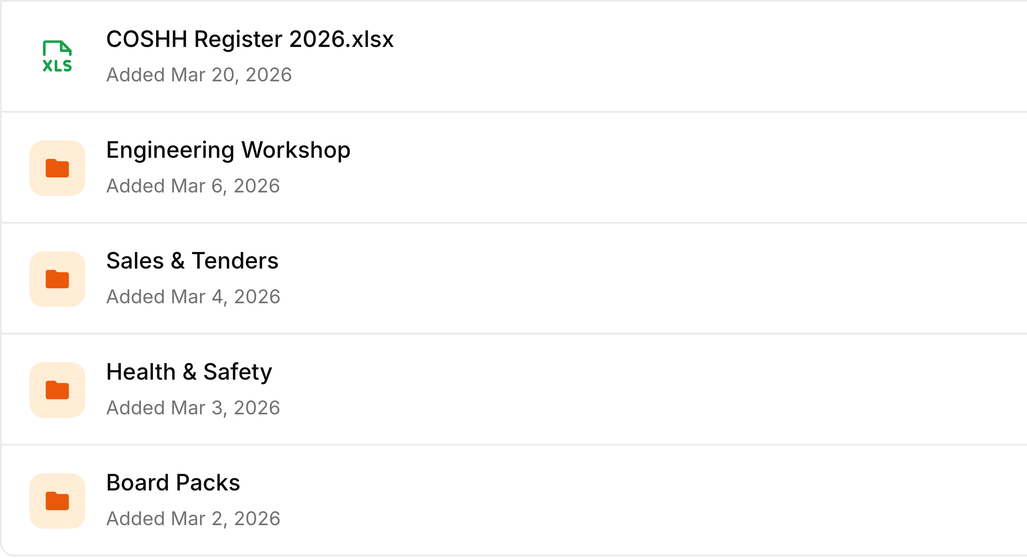 Five rows of the Favorites list. The first is COSHH Register 2026.xlsx, with a green spreadsheet icon and the line Added Mar 20, 2026. Below it four folders, each shown with an orange folder on a pale orange square: Engineering Workshop added Mar 6, 2026, Sales & Tenders added Mar 4, 2026, Health & Safety added Mar 3, 2026, and Board Packs added Mar 2, 2026.