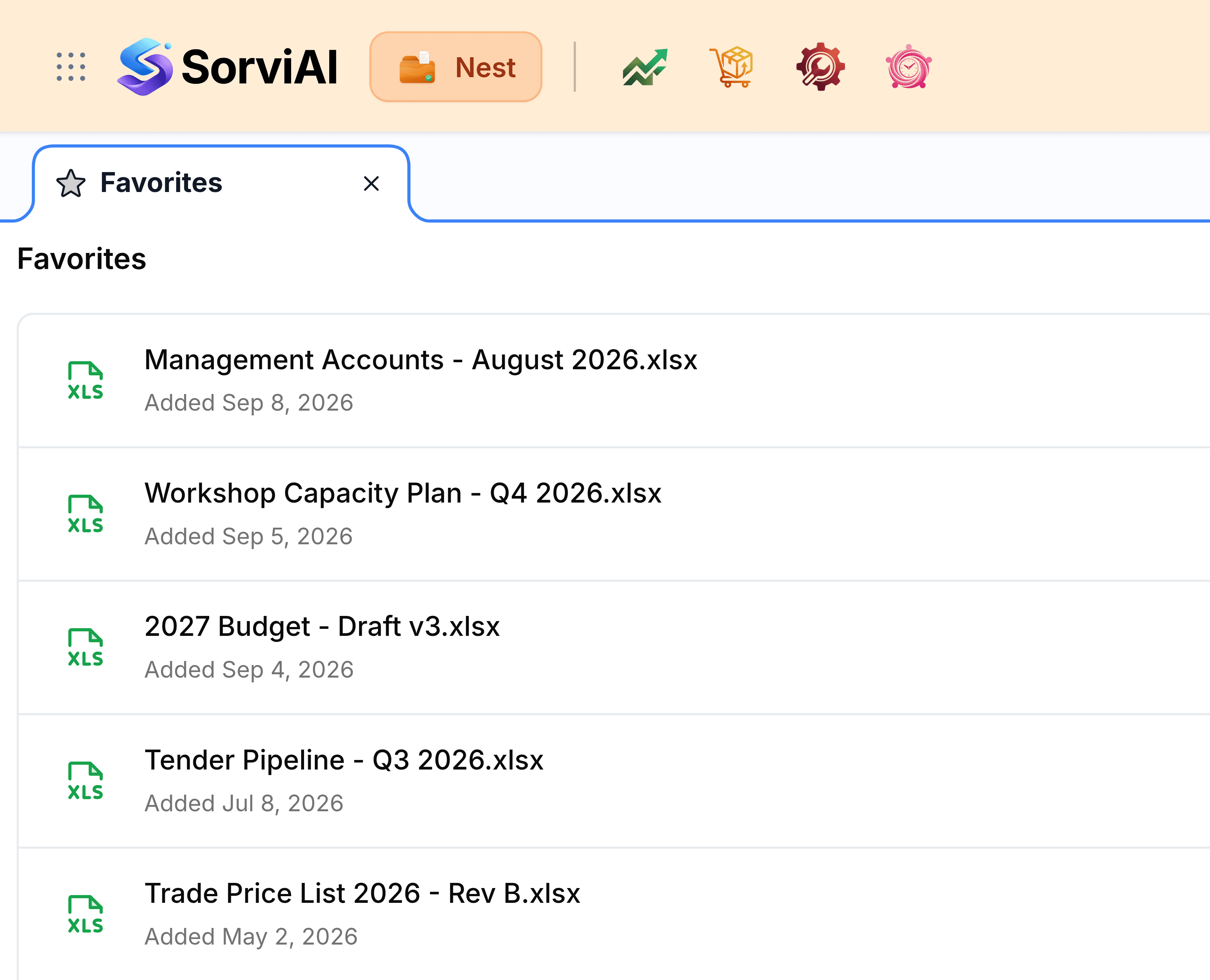 The top left of Nest with Favorites open. The orange header carries the app switcher, the SorviAI logo, a Nest pill and four starred app icons. Below it a Favorites tab, then the heading Favorites above five rows, each a green spreadsheet icon with a name and the date it was starred: Management Accounts - August 2026.xlsx added Sep 8, 2026, Workshop Capacity Plan - Q4 2026.xlsx added Sep 5, 2026, 2027 Budget - Draft v3.xlsx added Sep 4, 2026, Tender Pipeline - Q3 2026.xlsx added Jul 8, 2026, and Trade Price List 2026 - Rev B.xlsx added May 2, 2026.