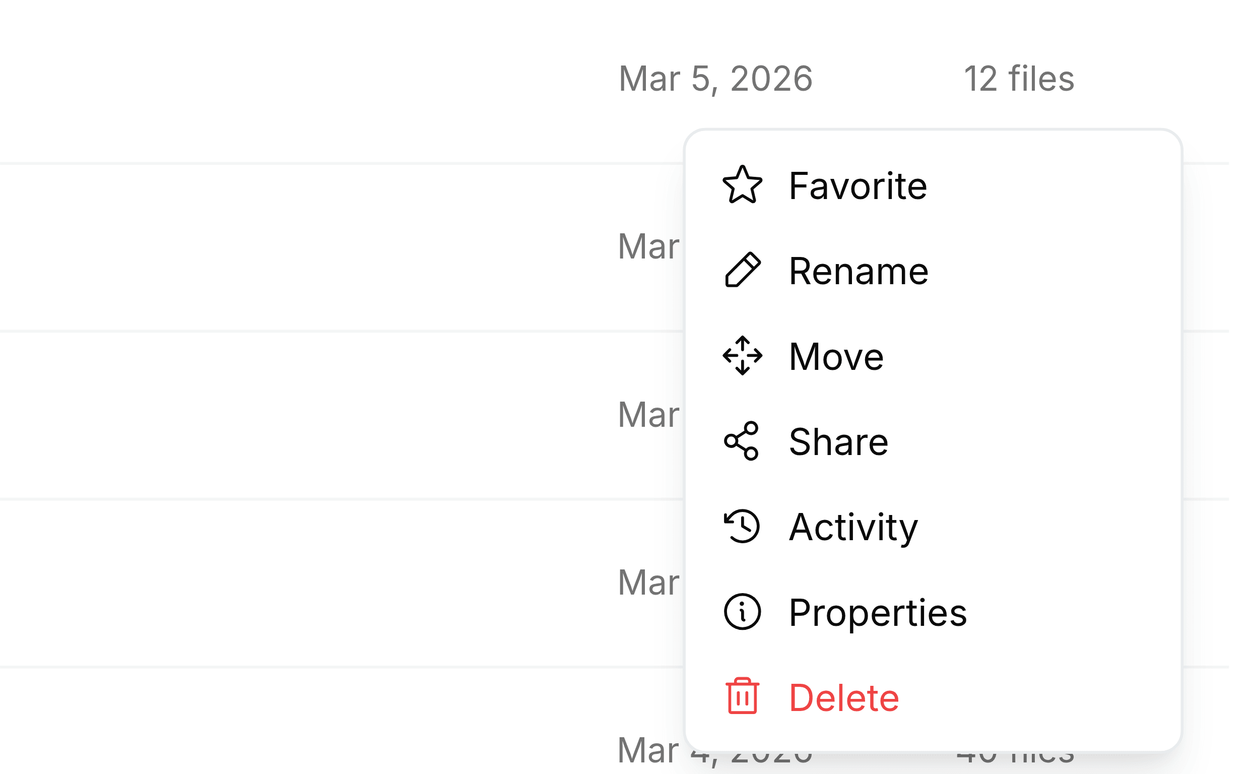 The menu for the Procurement team folder, open at the right-hand end of the Team Folders list. Its entries are Favorite with an outline star, Rename, Move, Share, Activity, Properties and, in red, Delete.