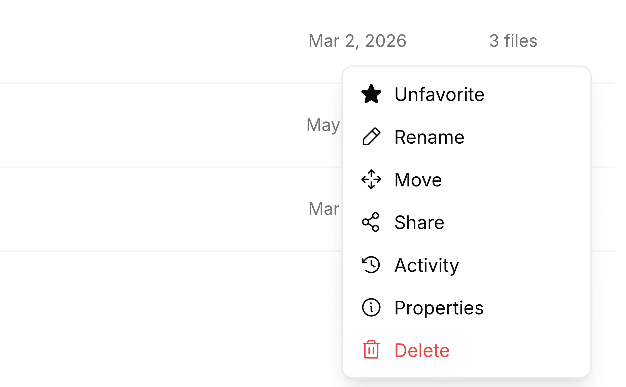 The menu for the Board Packs folder in My Folders. Its first entry reads Unfavorite beside a filled black star, followed by Rename, Move, Share, Activity, Properties and Delete.