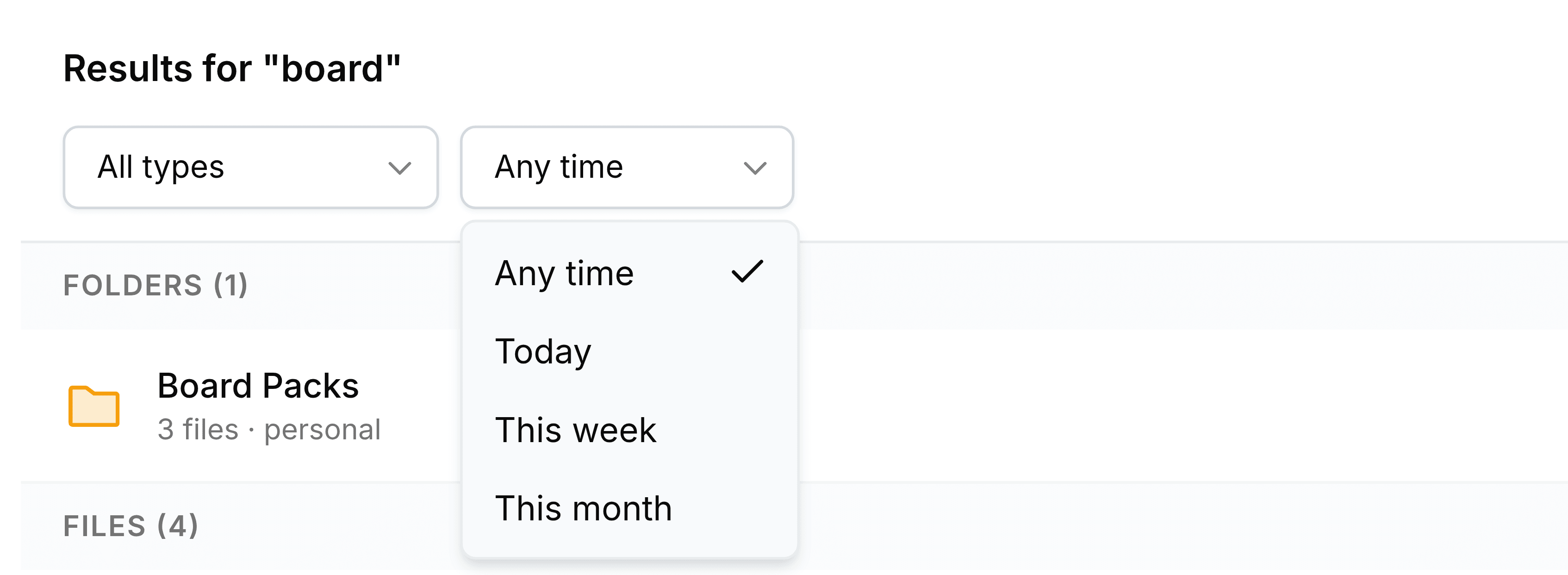 The date filter on the search results page, open to show Any time, ticked, then Today, This week and This month.