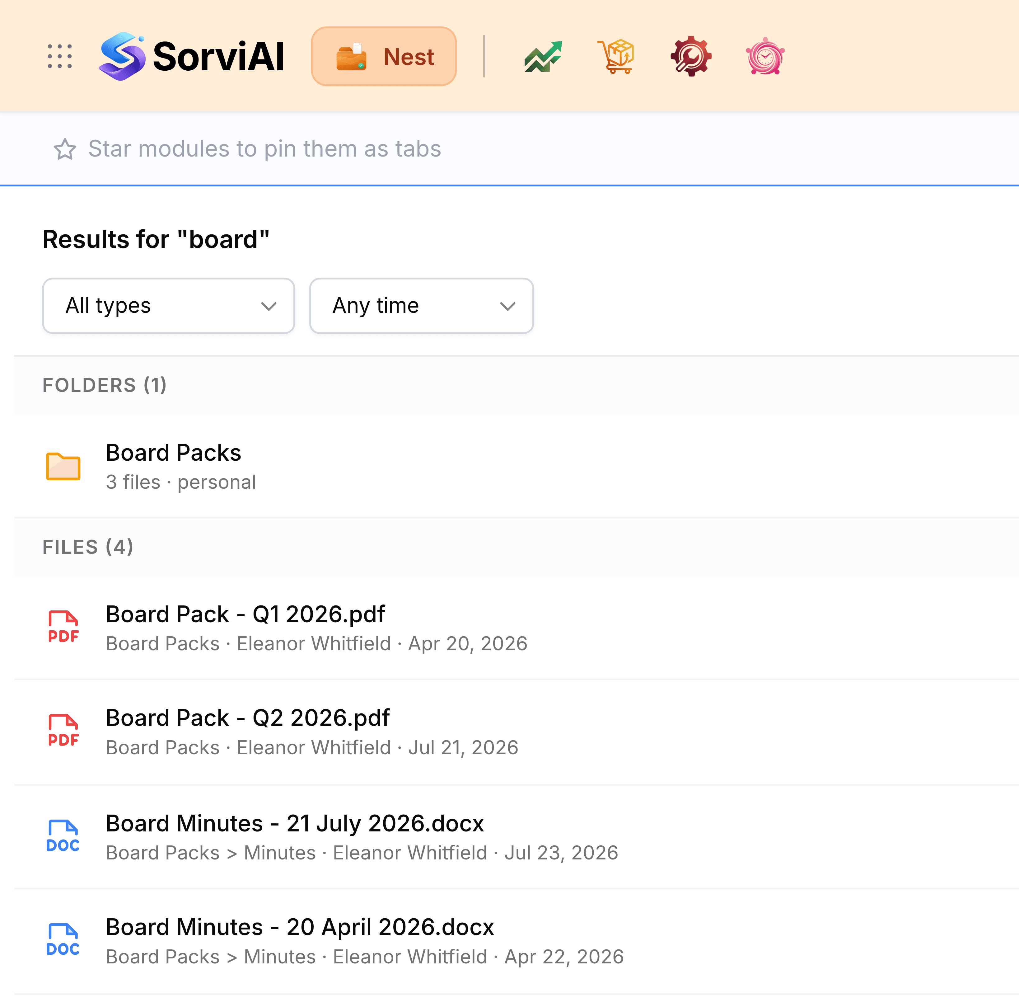 Nest search results for board. Below the header, the heading Results for board sits above two filters reading All types and Any time. A Folders (1) section holds the Board Packs folder, marked 3 files and personal. A Files (4) section below lists Board Pack - Q1 2026.pdf, Board Pack - Q2 2026.pdf, Board Minutes - 21 July 2026.docx and Board Minutes - 20 April 2026.docx, each with its folder, uploader and date.