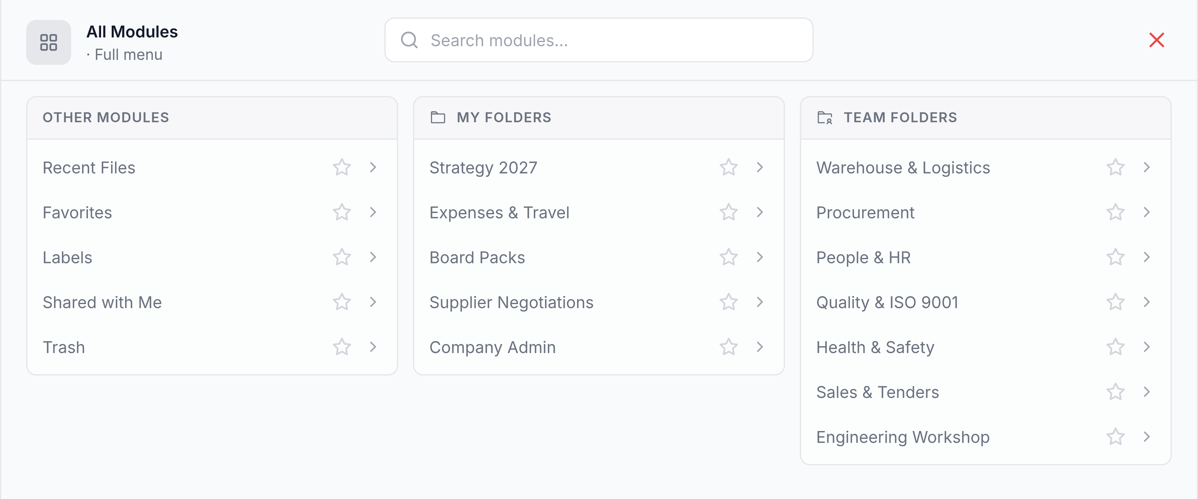 The All Modules menu open in three columns. Other Modules lists Recent Files, Favorites, Labels, Shared with Me and Trash; My Folders lists five personal folders; Team Folders lists seven. Every entry has a star beside it.