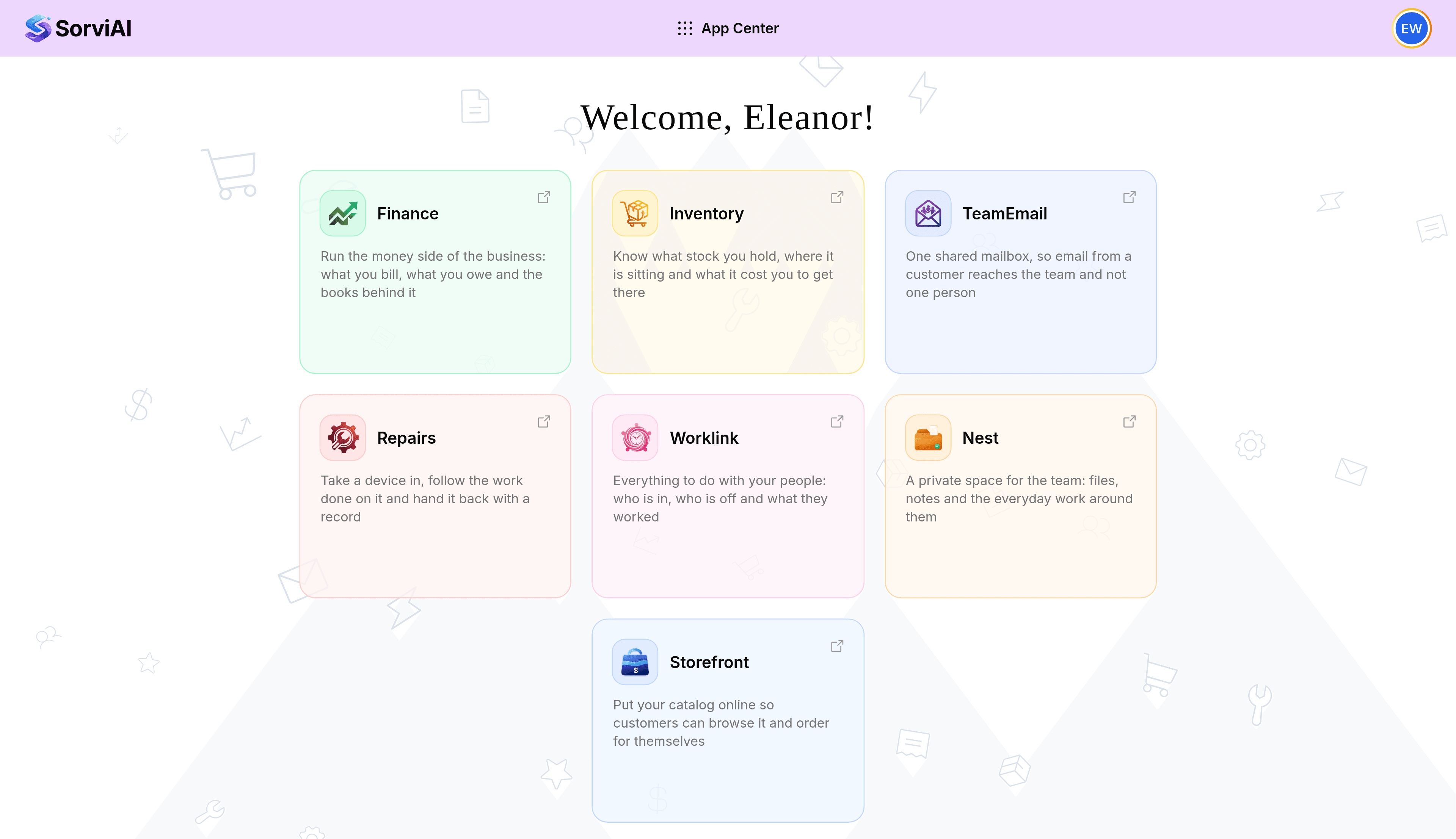 The App Center after signing in, headed Welcome, Eleanor. Seven tiles are laid out: Finance, Inventory, TeamEmail, Repairs, Worklink, Nest and Storefront, each with a sentence describing it. The Nest tile reads A private space for the team: files, notes and the everyday work around them.