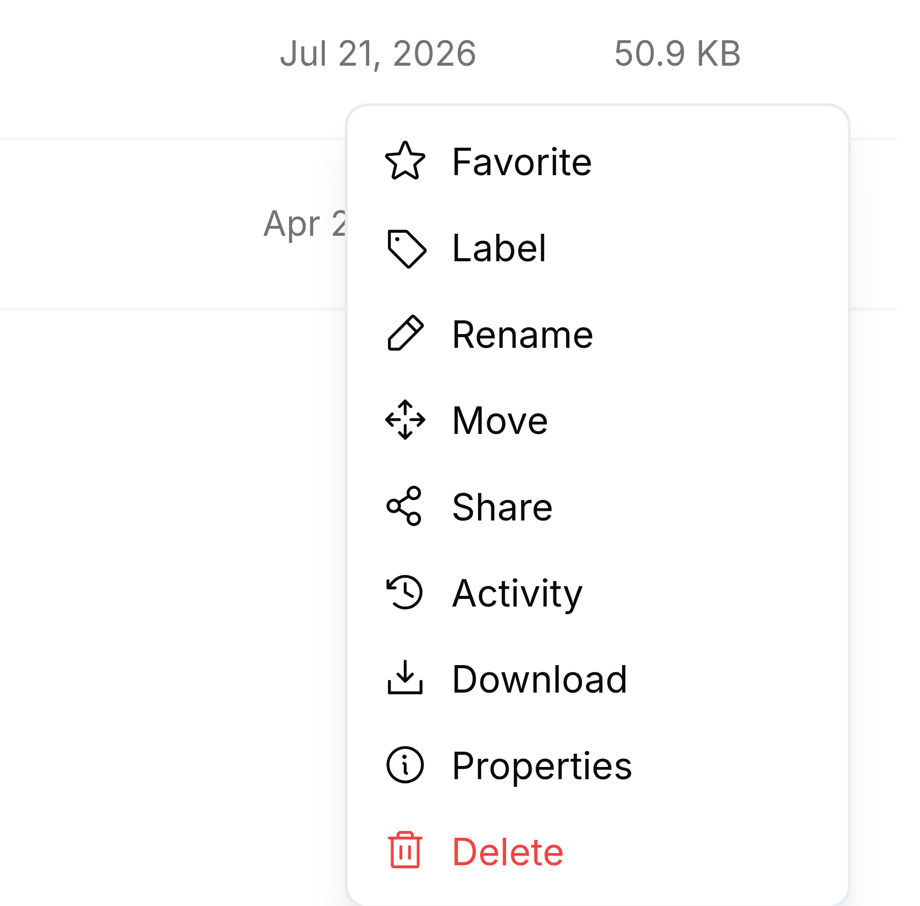 A file's menu open beside its row, listing Favorite, Label, Rename, Move, Share, Activity, Download and Properties, with Delete last and in red.
