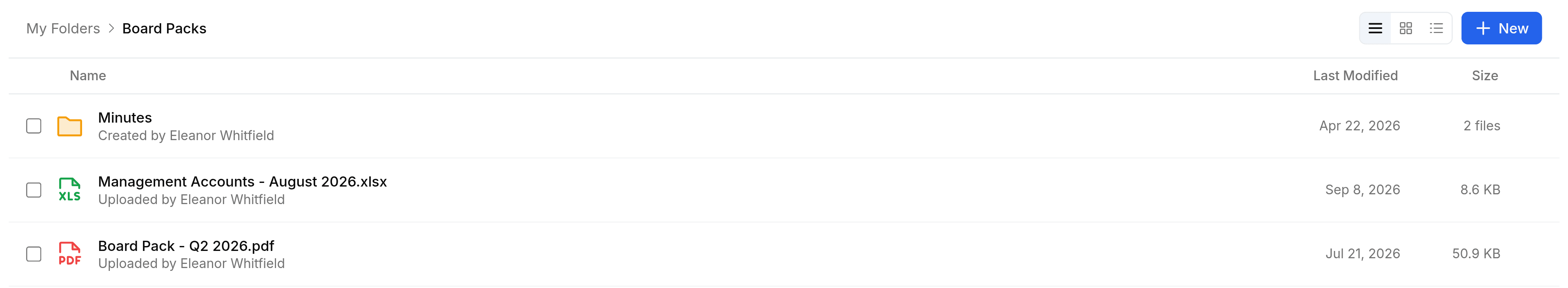 A folder open at My Folders then Board Packs, with the view switch and the New button at the right of the toolbar. Below are a Minutes subfolder, a spreadsheet and a PDF, each row naming who added it, the date it last changed and its size.