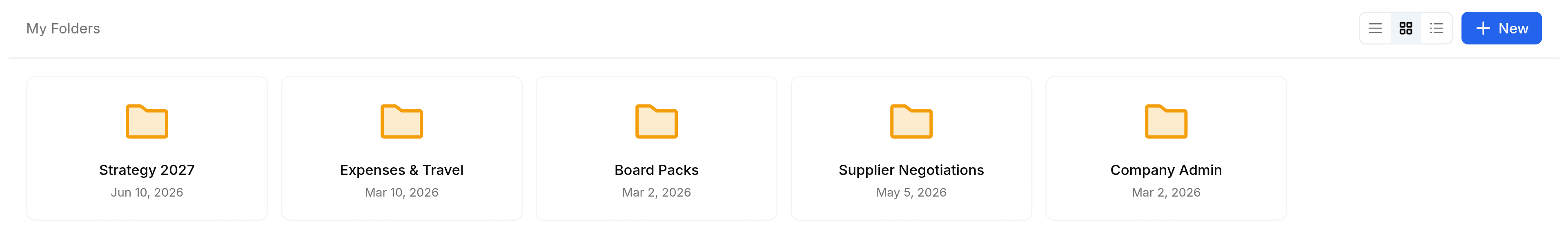 My Folders in the Grid view, the same five folders shown as cards with a large folder icon, the folder's name and the date it last changed. The middle button of the view switch is selected.