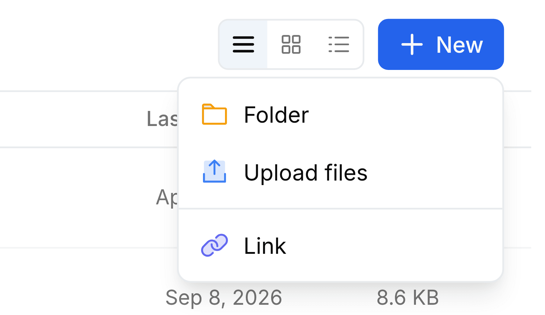 The New button at the top right of a folder, with its menu open on three entries: Folder, Upload files and Link. The view switch sits to the left of the button.
