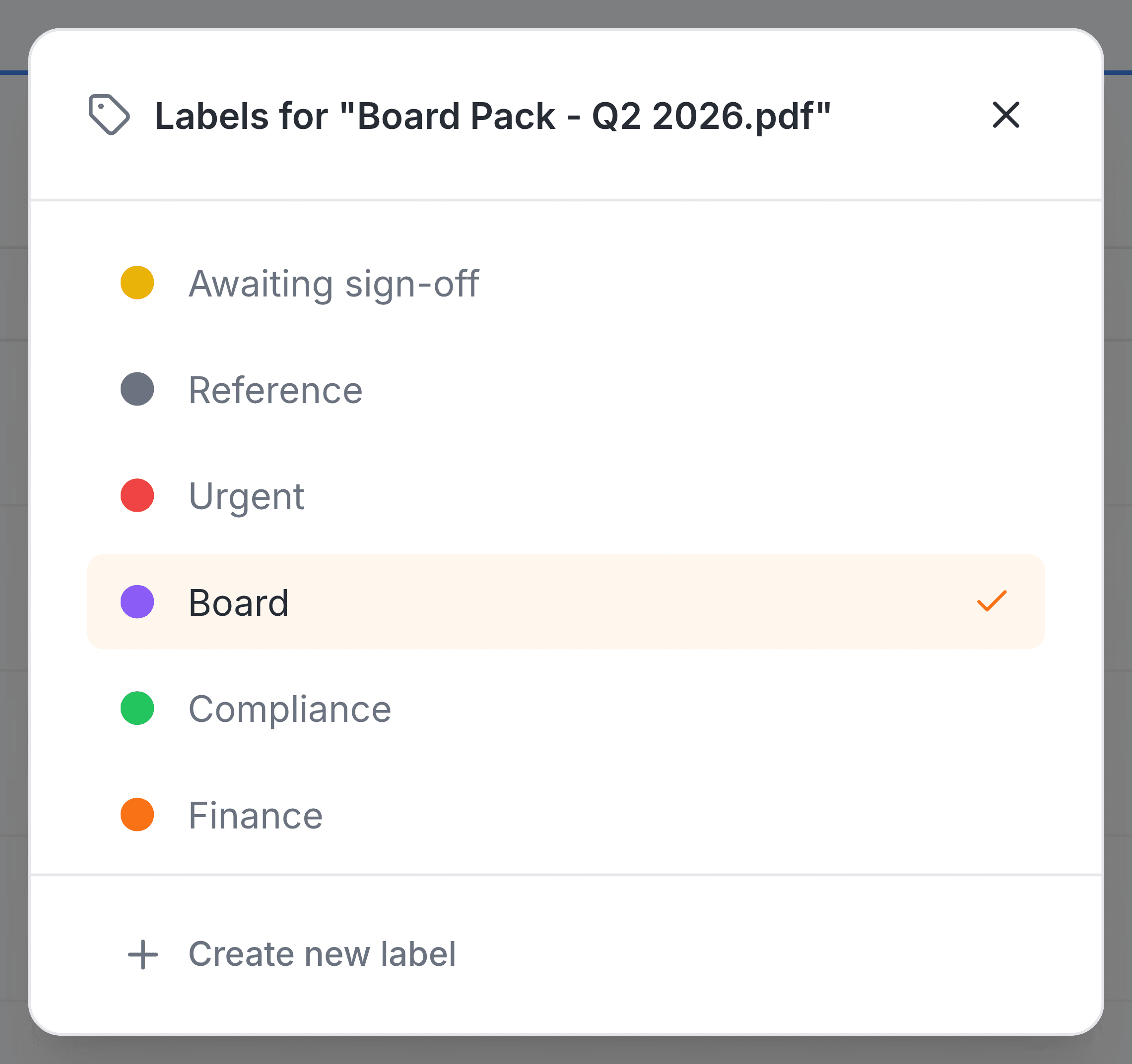 The panel headed Labels for Board Pack - Q2 2026.pdf. Six labels are listed with their colour dots: Awaiting sign-off, Reference, Urgent, Board, Compliance and Finance. Board is highlighted with an orange tick. Create new label sits at the foot of the panel.