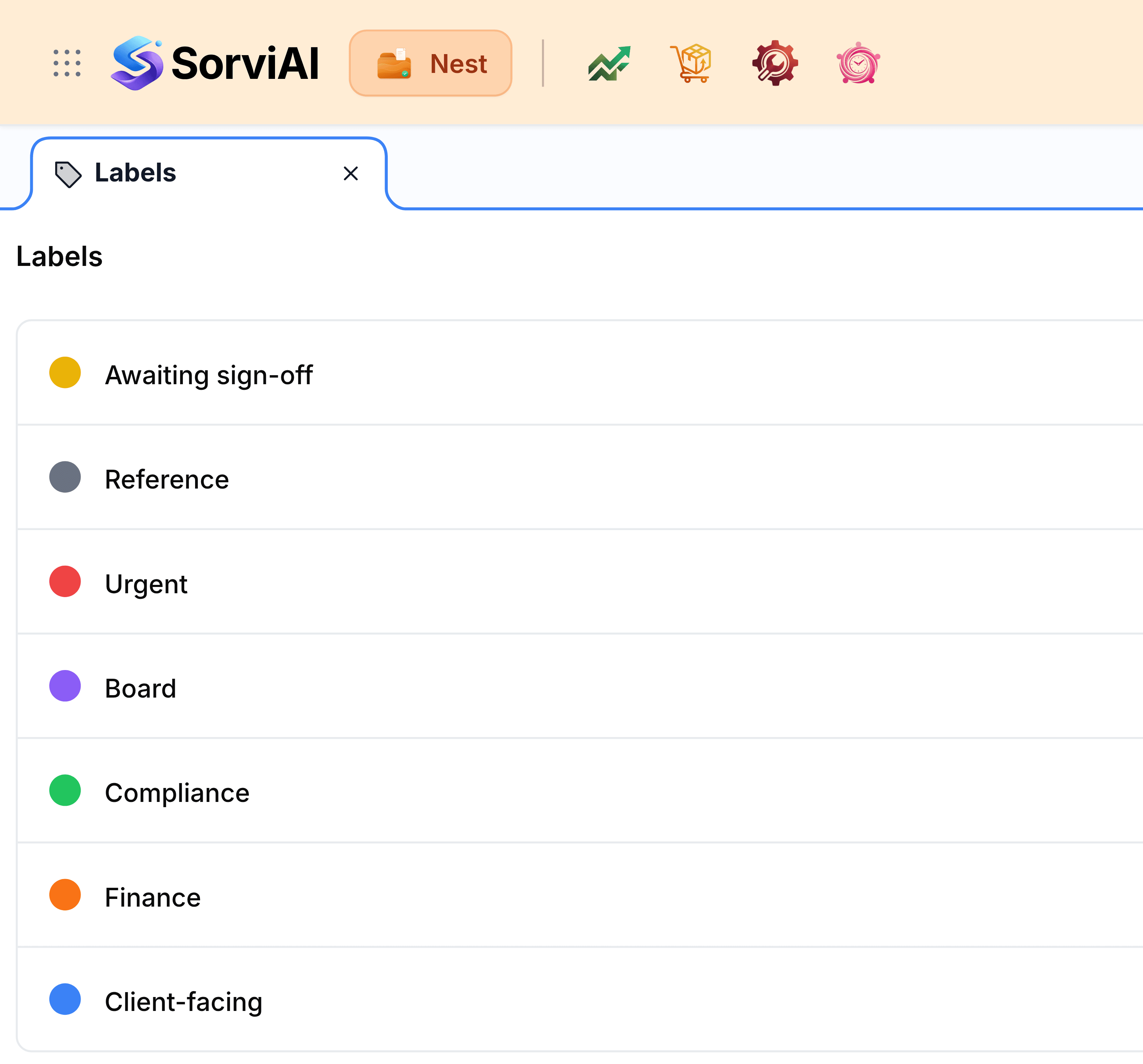 The top left of Nest with Labels open. The orange header carries the app switcher, the SorviAI logo, a Nest pill and four starred app icons. Below it a Labels tab and the heading Labels, then seven labels, each a coloured dot and a name: Awaiting sign-off in yellow, Reference in grey, Urgent in red, Board in purple, Compliance in green, Finance in orange and Client-facing in blue.