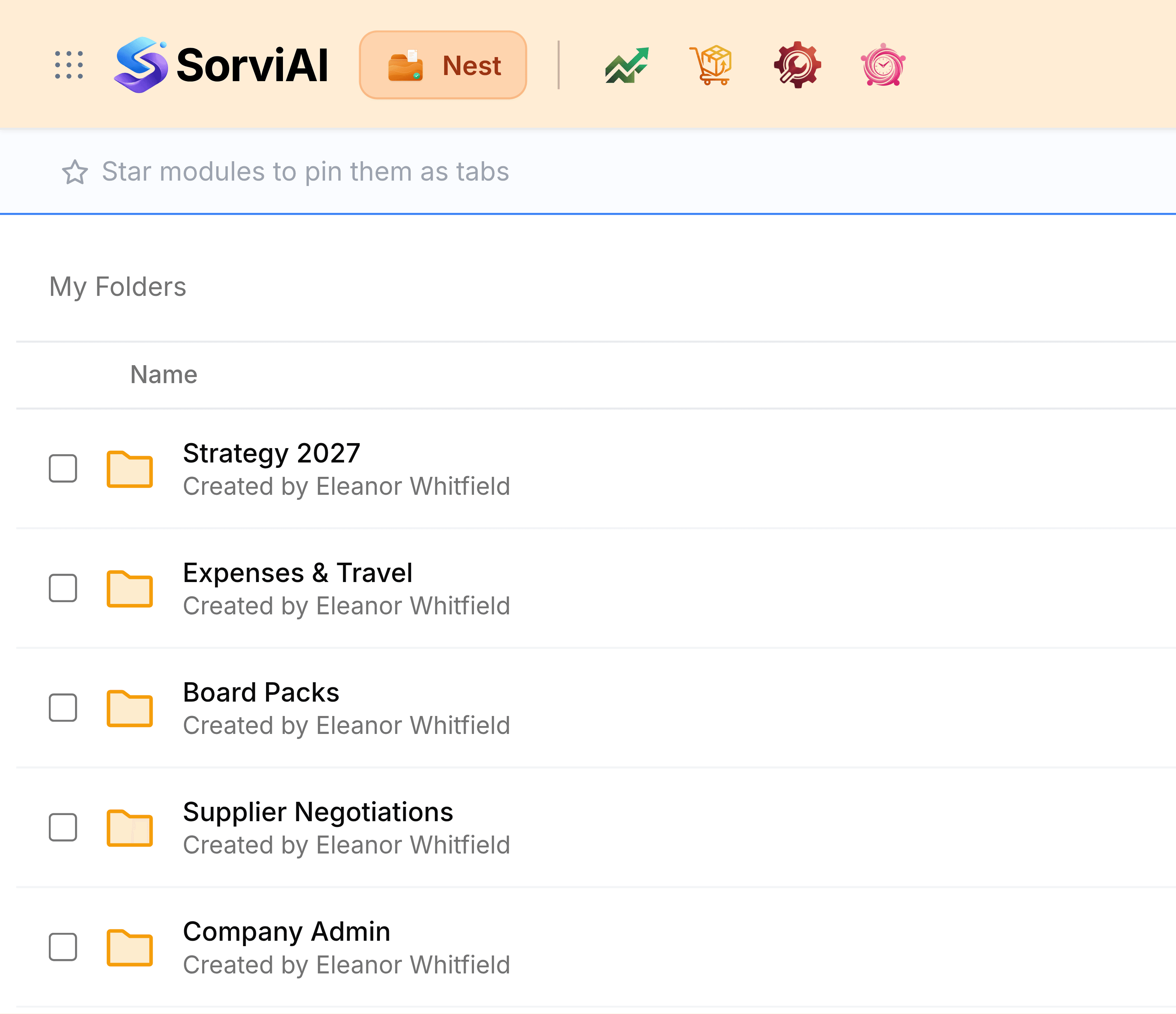 The top left of Nest with My Folders open. Below the orange header and the tab bar, the path reads My Folders, and a Name column lists five folders, each created by Eleanor Whitfield: Strategy 2027, Expenses & Travel, Board Packs, Supplier Negotiations and Company Admin. Each row starts with a checkbox.