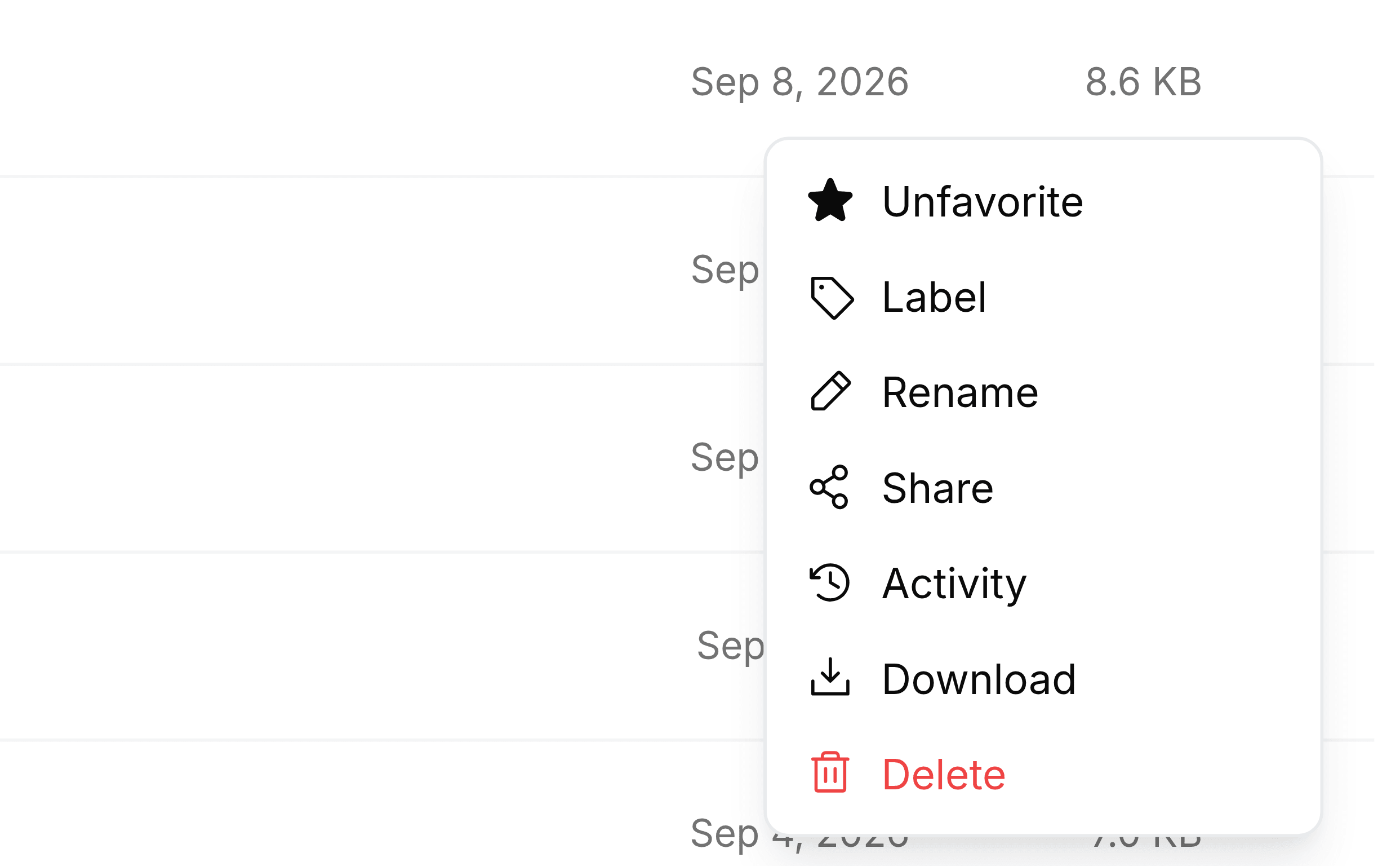 The menu for a starred file in Recent Files. Its first entry reads Unfavorite beside a filled star, followed by Label, Rename, Share, Activity, Download and Delete.