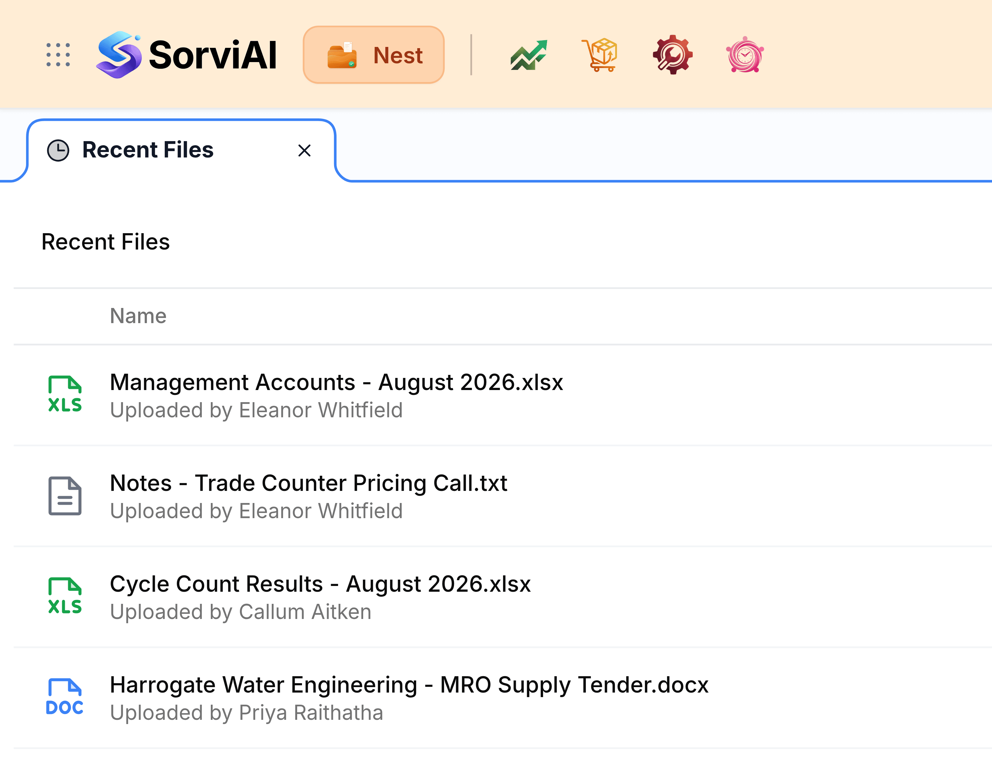 The top left of Nest with Recent Files open. The orange header carries the app switcher, the SorviAI logo, a Nest pill and four starred app icons. Below it a single Recent Files tab, then the page heading Recent Files and a column headed Name. The first four rows are Management Accounts - August 2026.xlsx and Notes - Trade Counter Pricing Call.txt, both uploaded by Eleanor Whitfield, Cycle Count Results - August 2026.xlsx, uploaded by Callum Aitken, and Harrogate Water Engineering - MRO Supply Tender.docx, uploaded by Priya Raithatha.