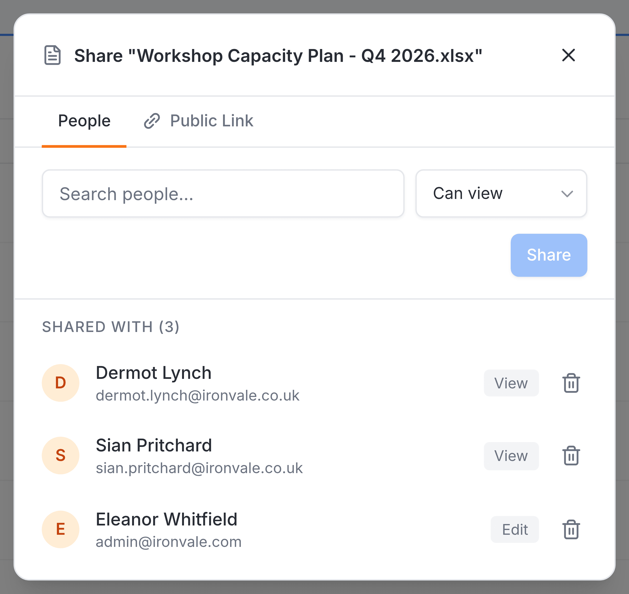 The panel headed Share Workshop Capacity Plan - Q4 2026.xlsx, on its People tab. A Search people box sits beside a list reading Can view, above a Share button. Under the heading Shared with (3) are Dermot Lynch and Sian Pritchard, each tagged View, and Eleanor Whitfield tagged Edit, with a bin icon at the end of each row.