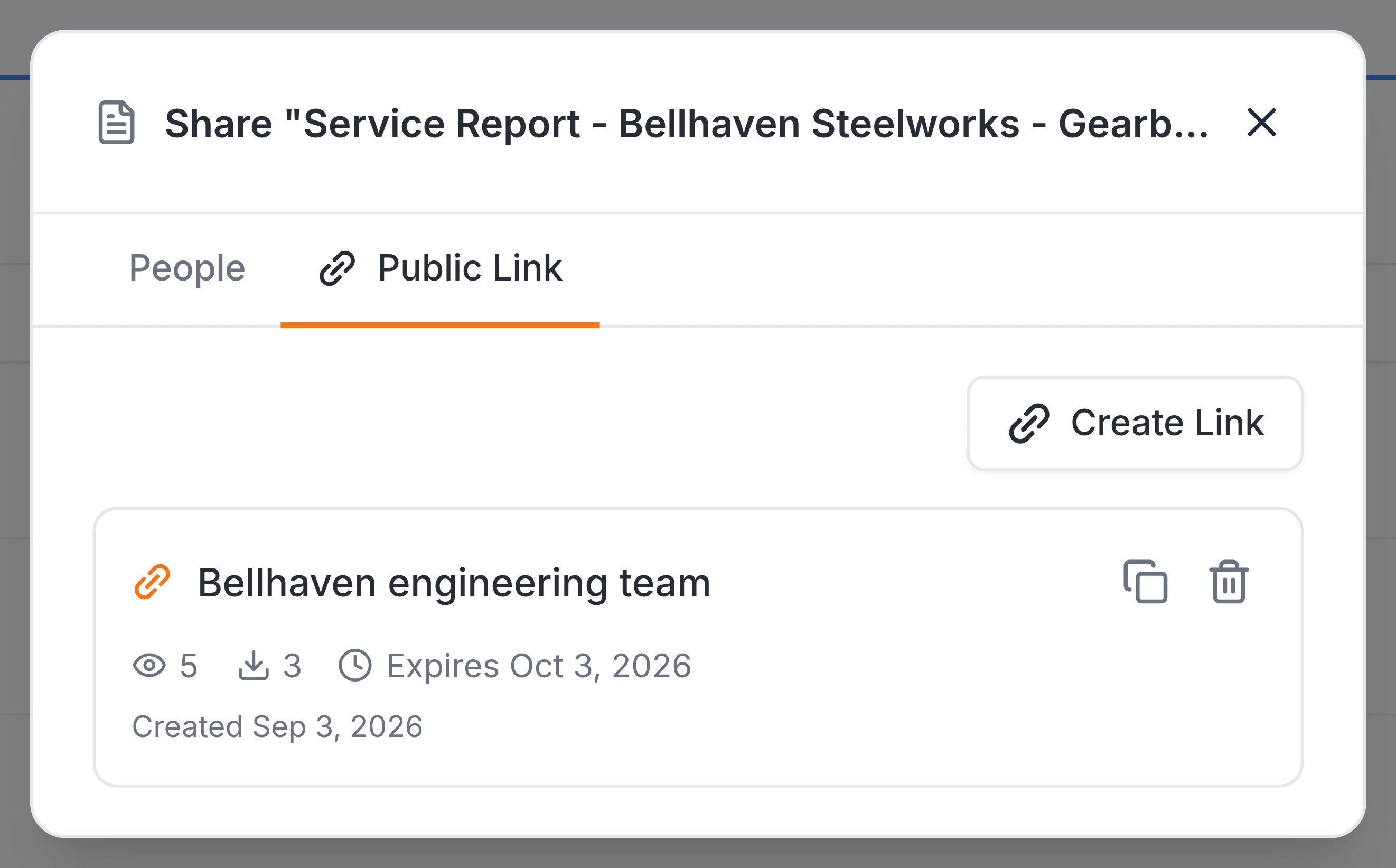 The Public Link tab of the Share panel for Service Report - Bellhaven Steelworks - Gearbox GB-4.pdf. A Create Link button sits at the top right. Below it one link card reads Bellhaven engineering team, with 5 views, 3 downloads and Expires Oct 3, 2026, and beneath that Created Sep 3, 2026. A copy icon and a bin icon sit at the card's top right.
