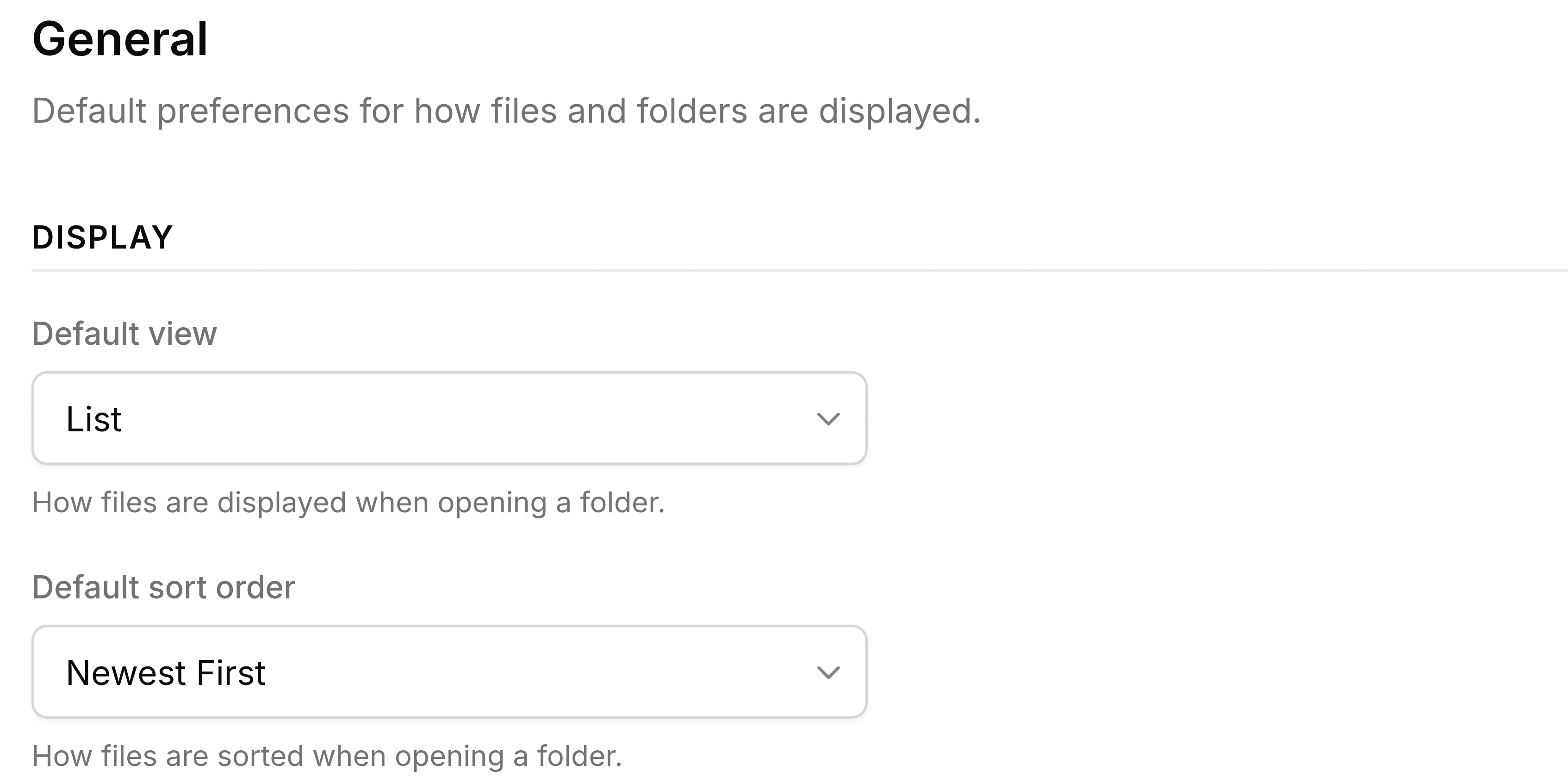 The General page of Nest's settings, headed General, with the line Default preferences for how files and folders are displayed. Under Display, Default view reads List, with the note How files are displayed when opening a folder, and Default sort order reads Newest First.